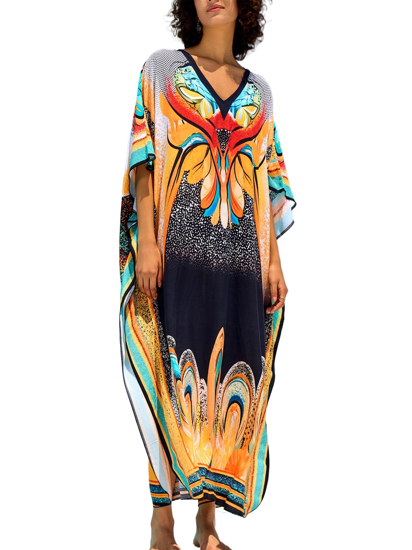 Chunoy Women V Neck Kaftan Casual Bathing Suit Kimono Sleeve Side Split Beach Cover Up Caftan Dress