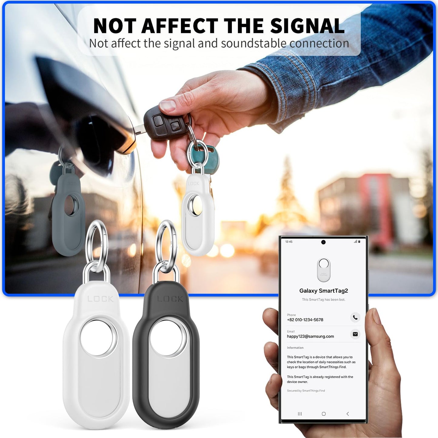 2 Pack Compatible with Samsung Galaxy Smart Tag 2 Case TUDIOW Secure Holder with Wire Cable Lock for Smart Tag 2 Anti-Lost Protective Cover for Samsung Galaxy SmartTag 2 (Black+White)