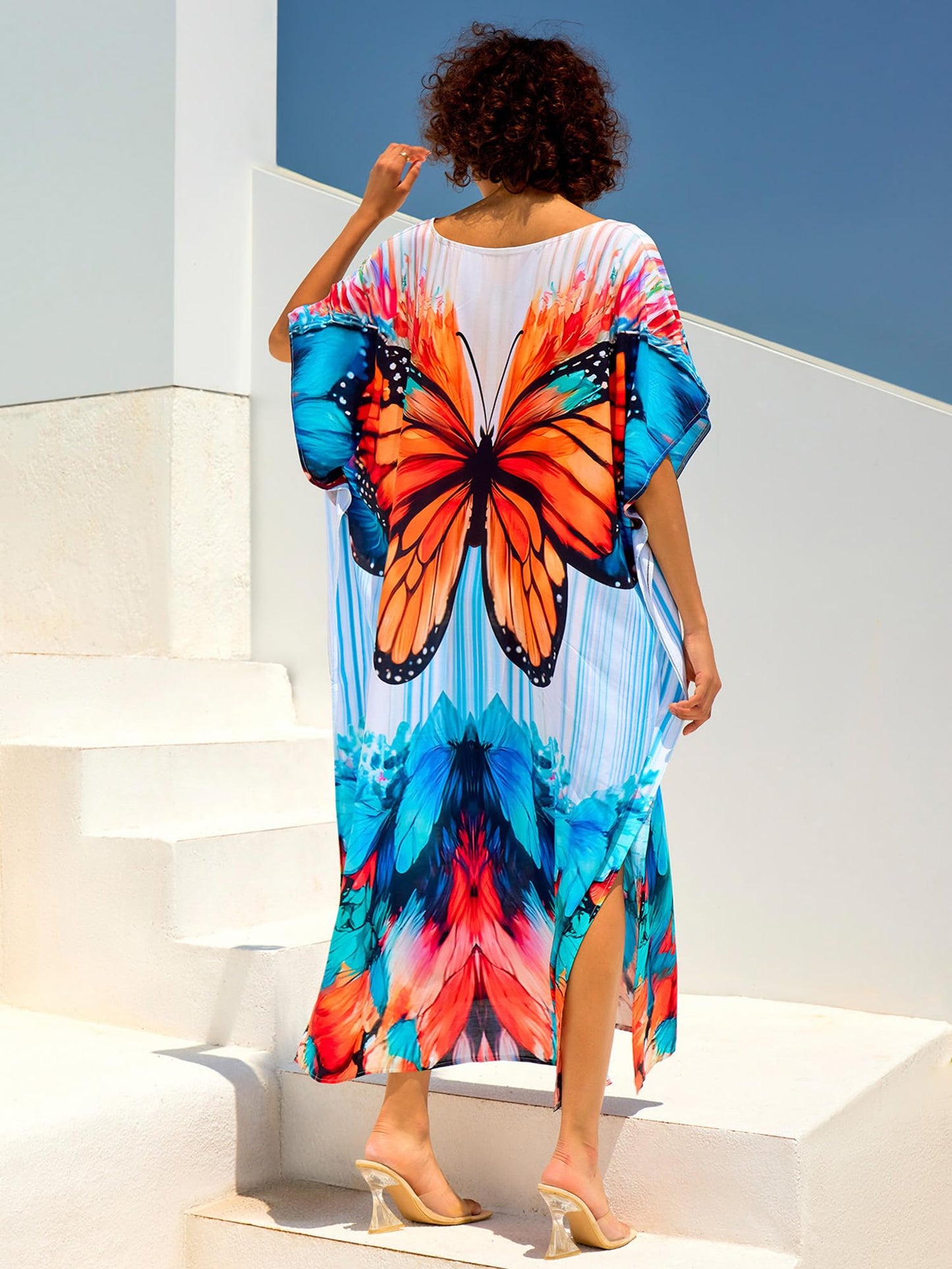 Chunoy Women V Neck Kaftan Casual Bathing Suit Kimono Sleeve Side Split Beach Cover Up Caftan Dress