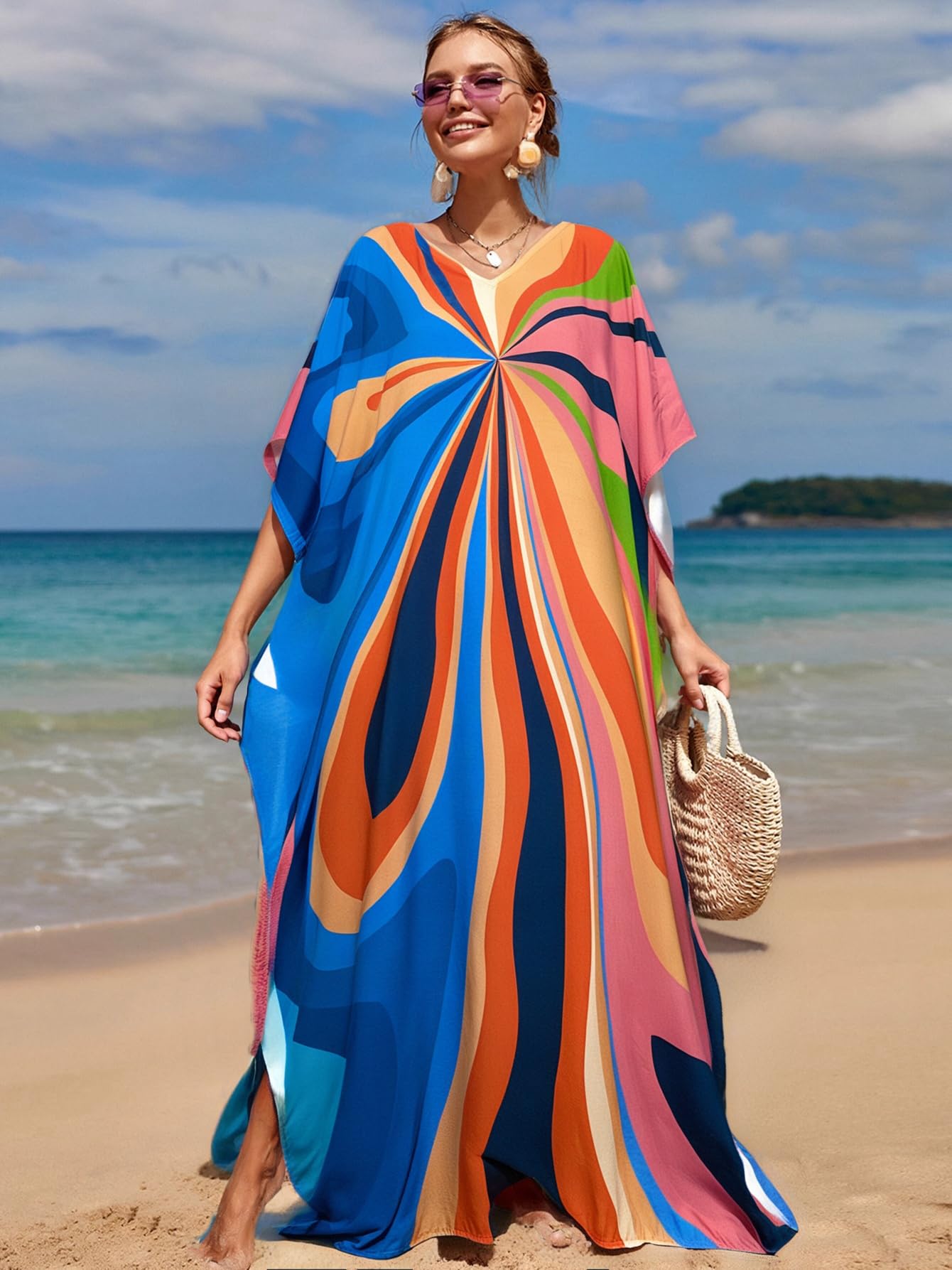 RanRui Floral Print Kaftan Dresses for Women Ethnic Boho Print Swim Cover up Batwing Sleeve Vneck Caftans