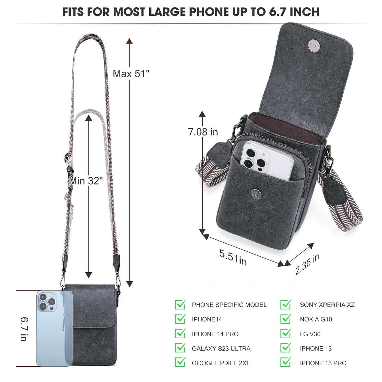 POIUGOYA Small Crossbody Bags for Women Trendy,Leather Triple Compartment Cell Phone Crossbody Wallet Purses with Card Slots