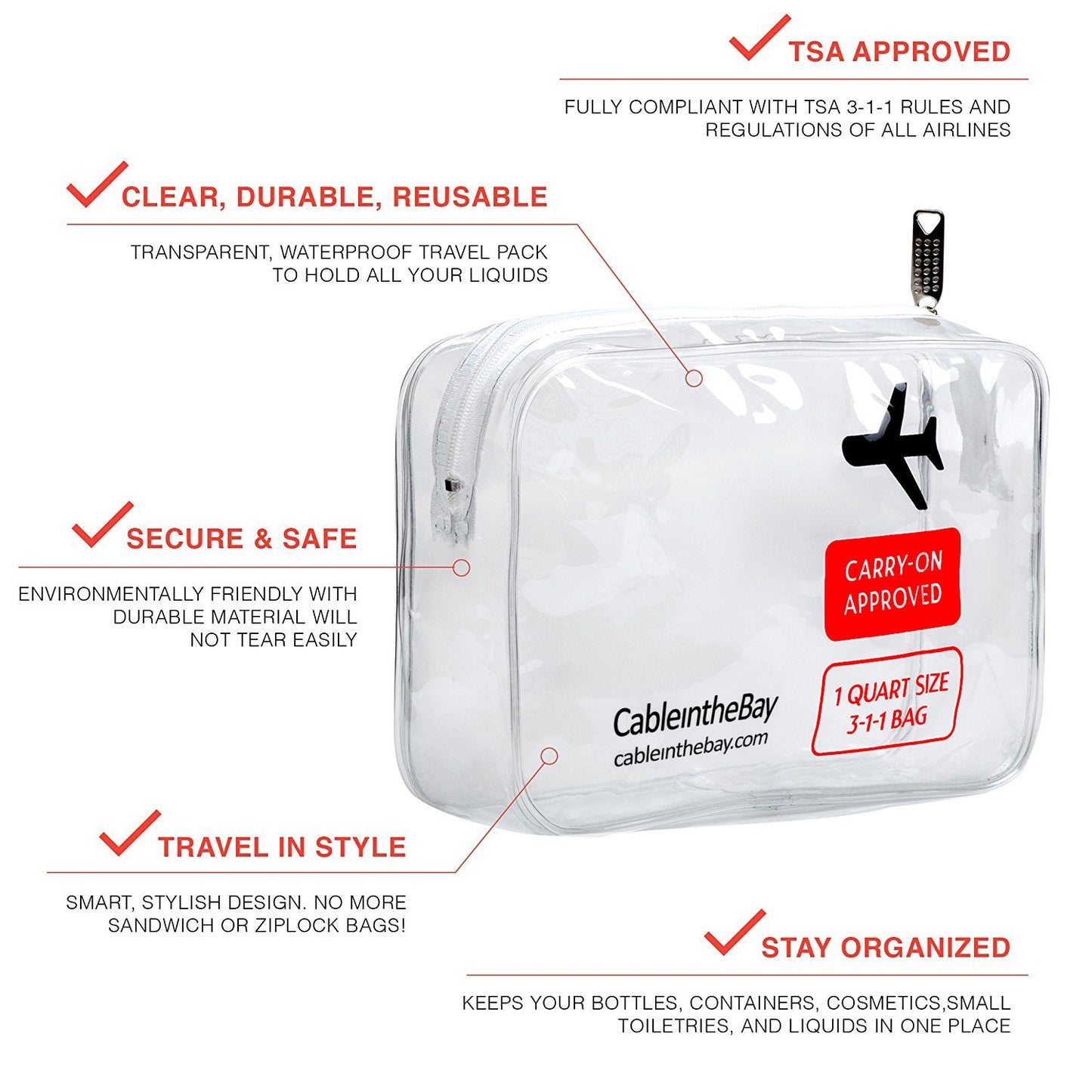 TSA Approved Clear Travel Toiletry Bag-Quart Sized with Zipper-Airport Airline Compliant Bag/Bottles-Men's/Women's 3-1-1 Kit+Travel (3 PACK)