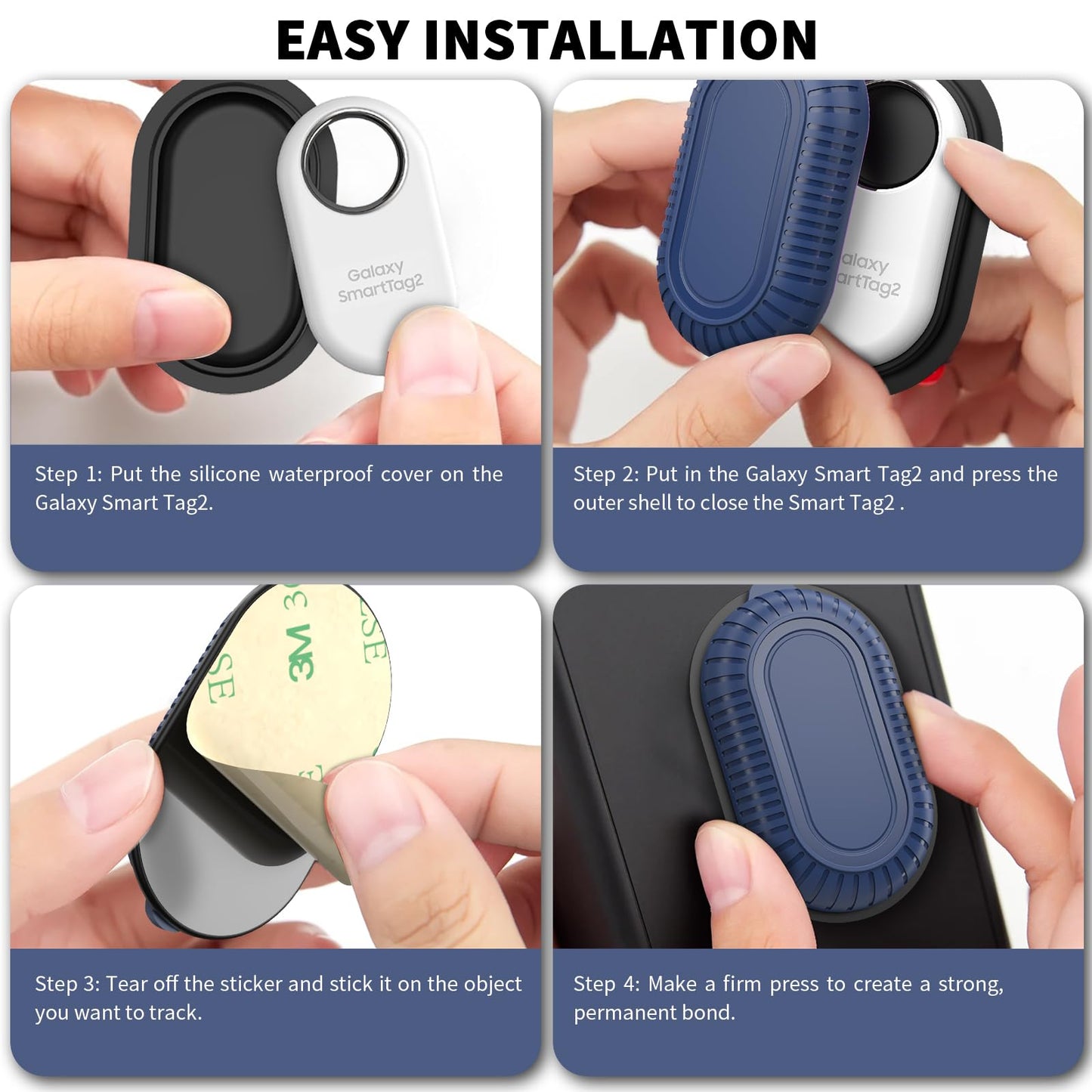 2 Pack Adhesive Case for Samsung Galaxy SmartTag2 with 3M Adhesive Sticker Hidden Full Protective Silicone Case Anti-Lost Scratch Resistant Protective Cover for Smart tag 2 Tracker (Black+Black)