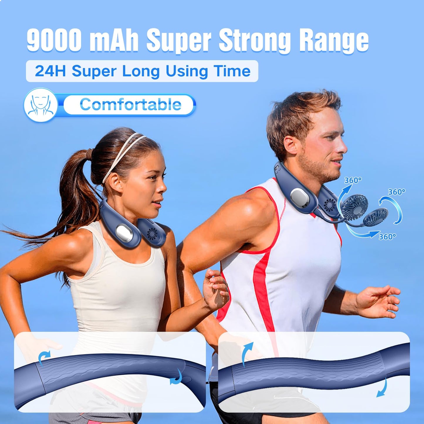 Portable Neck Fan, 9000mAh Hand Free Neck Fan, Neck Fan Air Conditioner, Bladeless Cooling Personal Neck Fan with 4 Air Outlet 3 speed for Travel, Camping, Yard Work, White