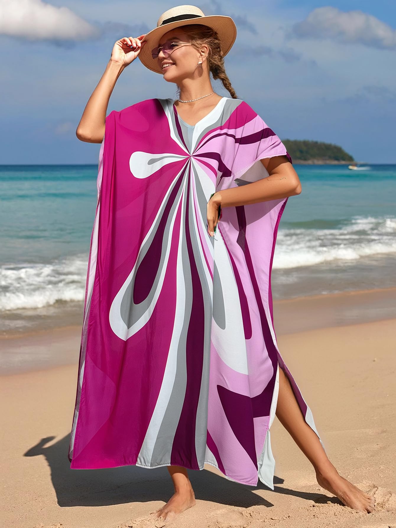 RanRui Floral Print Kaftan Dresses for Women Ethnic Boho Print Swim Cover up Batwing Sleeve Vneck Caftans