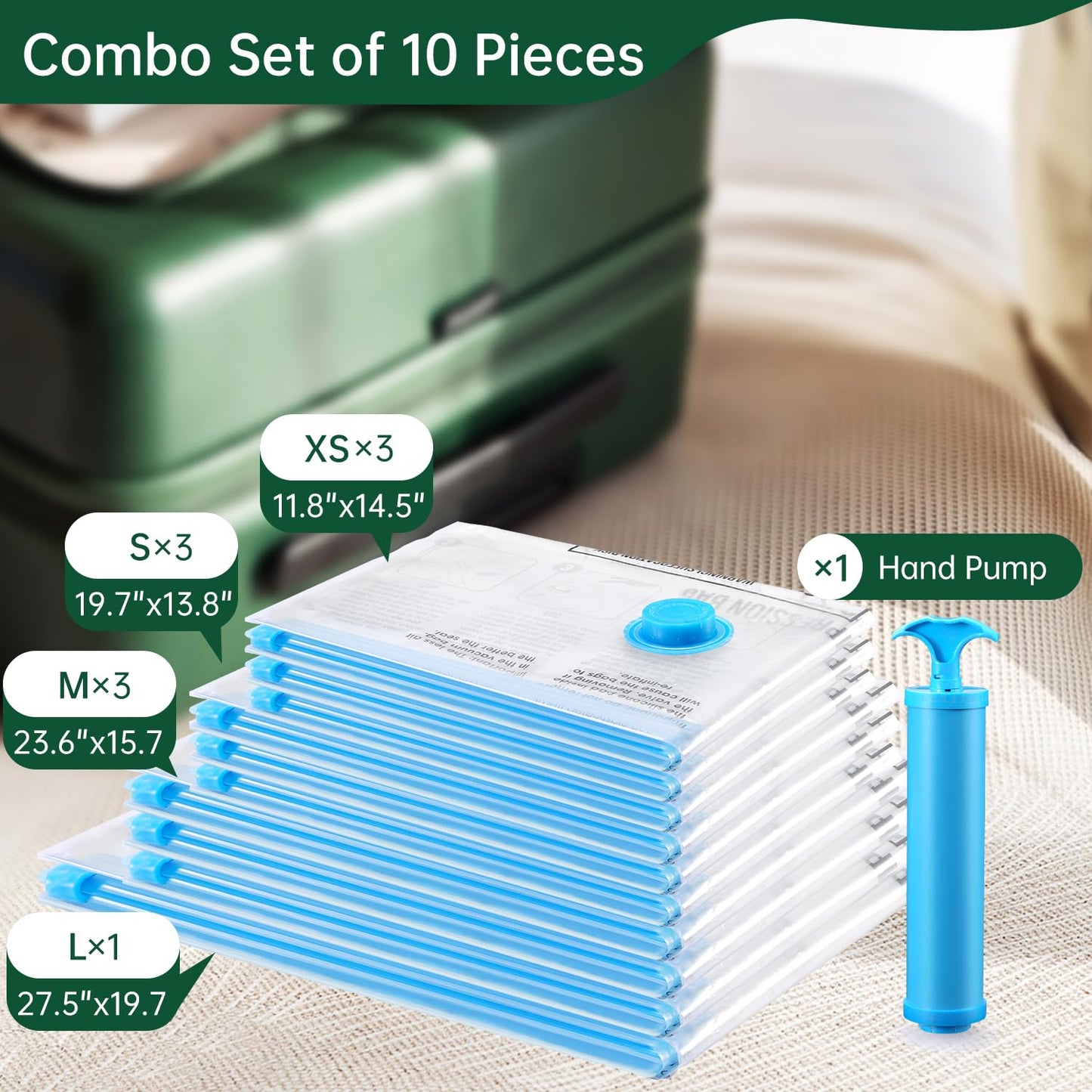 BRODI 10 Combo Pack Travel Vacuum Bags with Pump - Space Saver & Travel Essentials, Clothing & Luggage Vacuum Seal Bags
