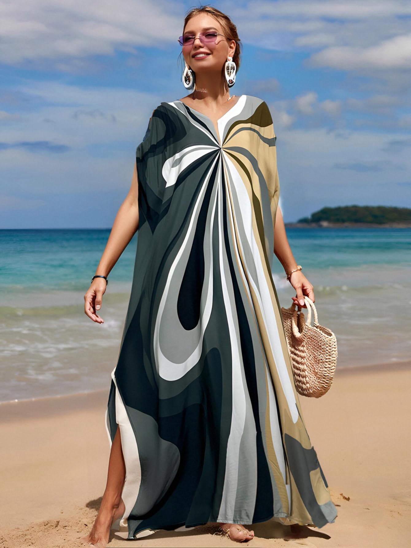 RanRui Floral Print Kaftan Dresses for Women Ethnic Boho Print Swim Cover up Batwing Sleeve Vneck Caftans
