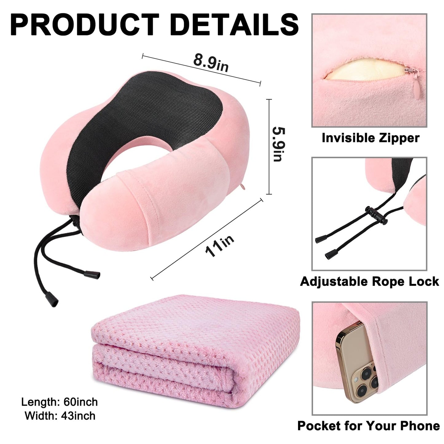Travel Pillow and Blanket Set Neck Pillows Travel Essentials with Sleep Mask for Airplane Car Memory Foam Pink