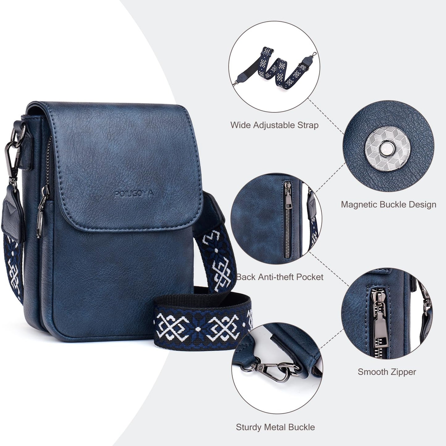 POIUGOYA Small Crossbody Bags for Women Trendy,Leather Triple Compartment Cell Phone Crossbody Wallet Purses with Card Slots