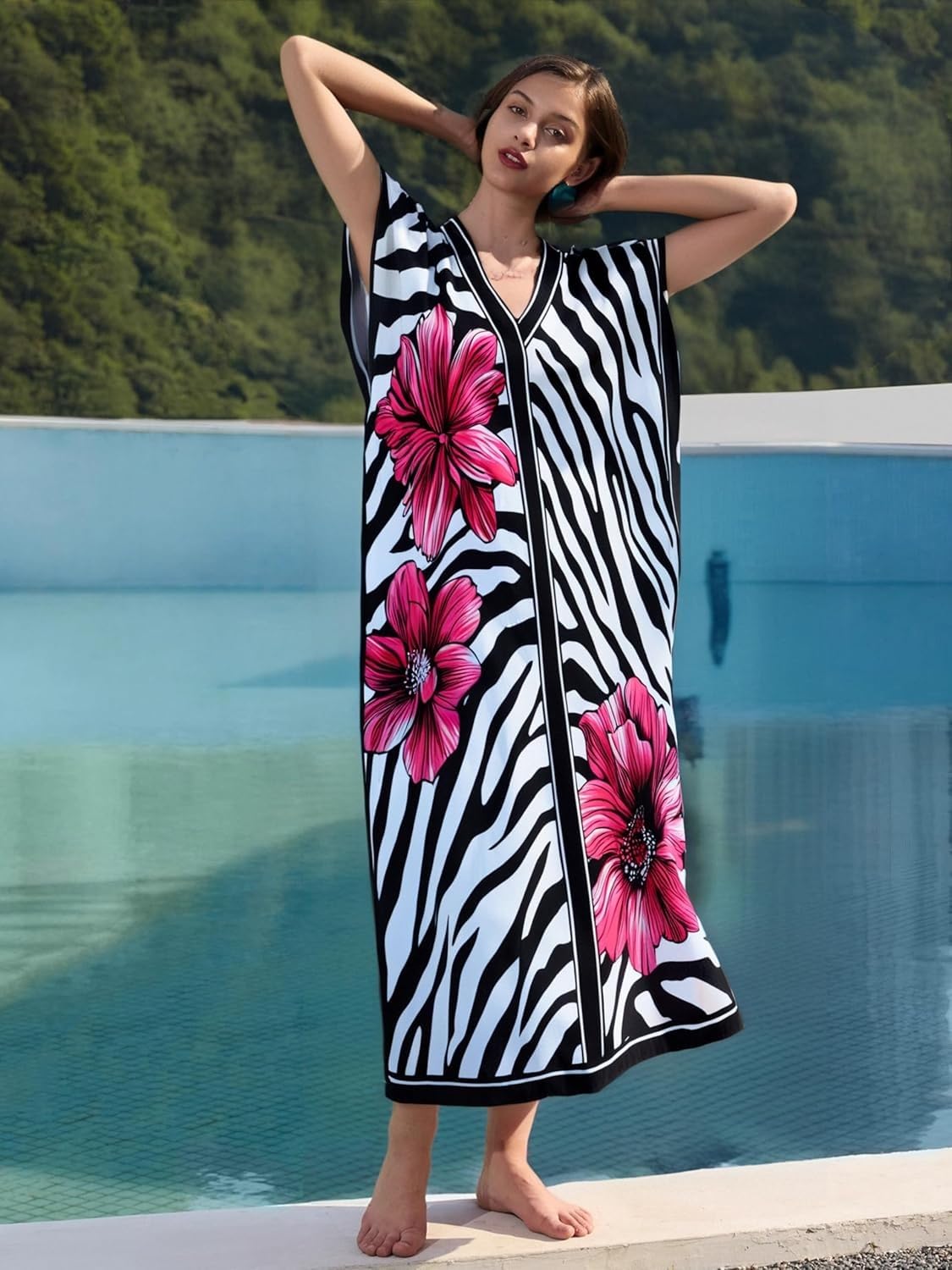 RanRui Floral Print Kaftan Dresses for Women Ethnic Boho Print Swim Cover up Batwing Sleeve Vneck Caftans