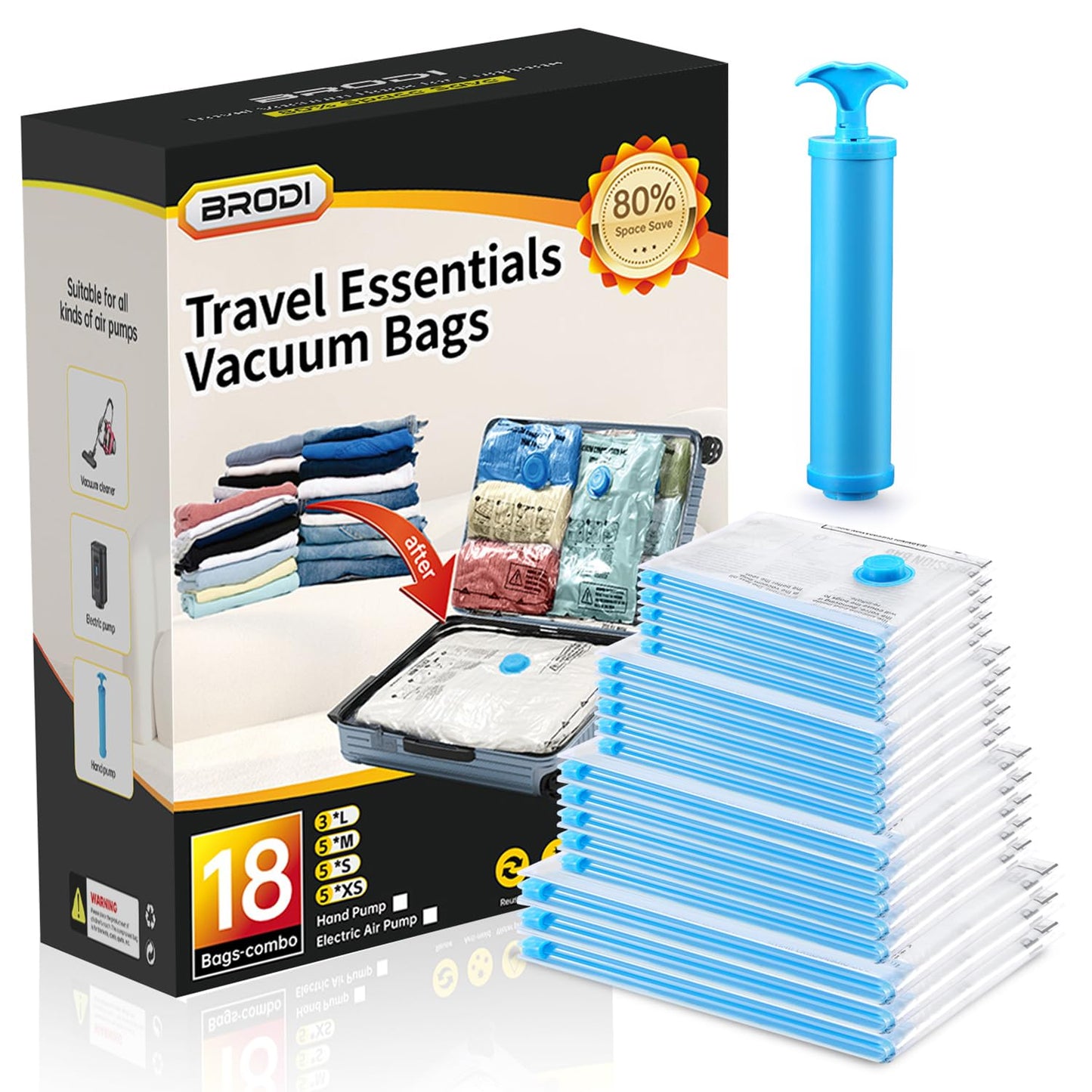 BRODI 10 Combo Pack Travel Vacuum Bags with Pump - Space Saver & Travel Essentials, Clothing & Luggage Vacuum Seal Bags