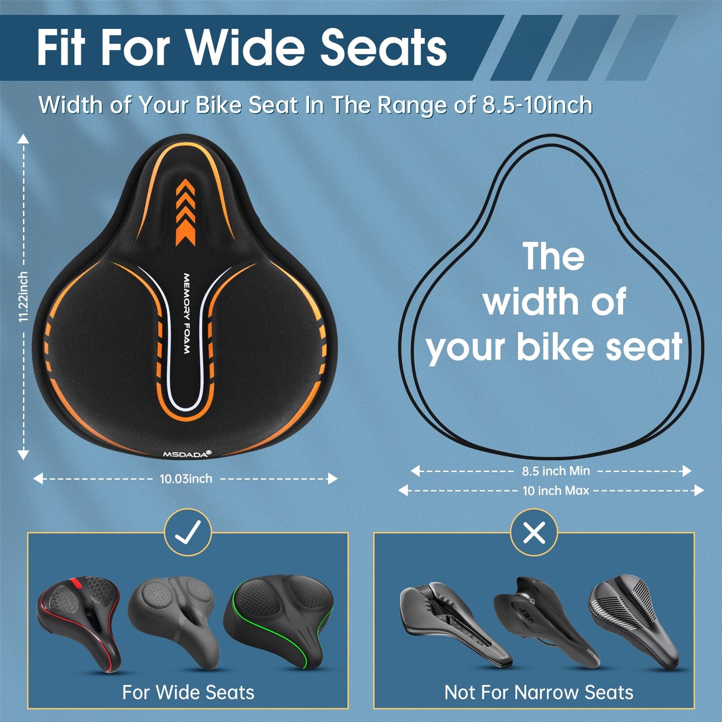 MSDADA New Large Gel Bike Seat Cover, Extra Soft Bike Seat Cushion for Men Women Comfort Wide, Fits Indoor/Outdoor/Exercise Bikes (11.22 inch x 10.03 inch)
