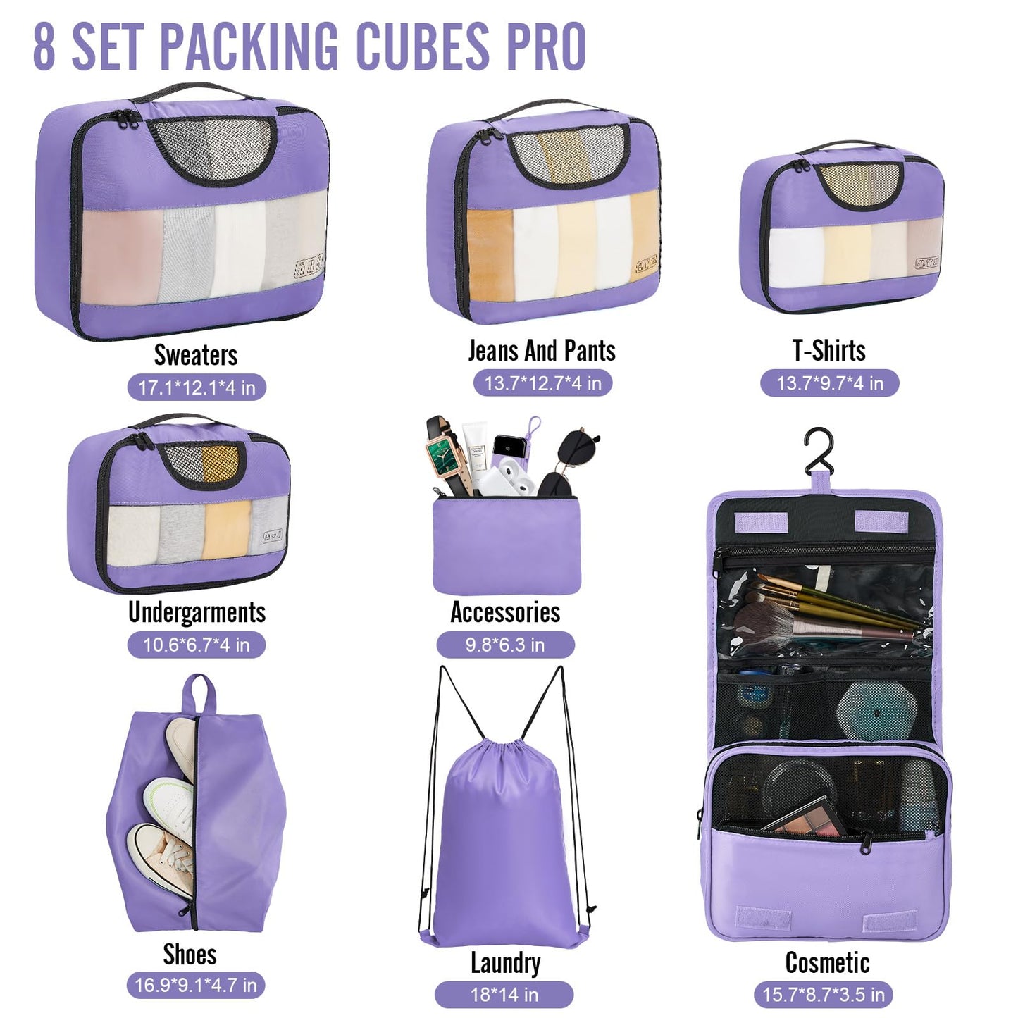 Veken 8 Set Packing Cubes for Travel Essentials, Suitcase Organizer Bags Set for Luggage, Road Trip Travel Accessories in 4 Sizes (Extra Large, Large, Medium, Small)