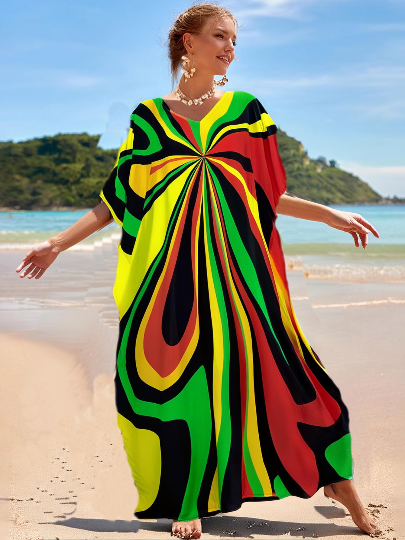 RanRui Floral Print Kaftan Dresses for Women Ethnic Boho Print Swim Cover up Batwing Sleeve Vneck Caftans