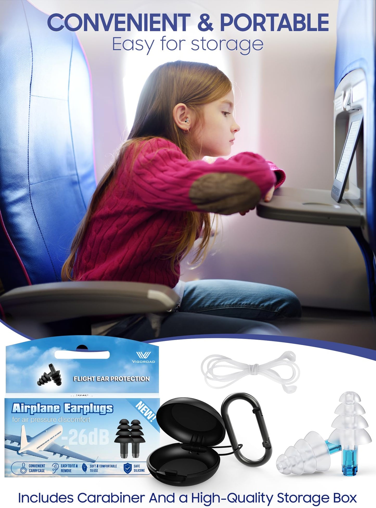 Ear Plugs for Airplane Pressure Relief, 2 Pairs Adults Soft Silicone Reusable Airplane Earplugs 26dB, with Silicone Connector Cord, Travel Essentials for Flying, Ear Protection Earplugs for Plane
