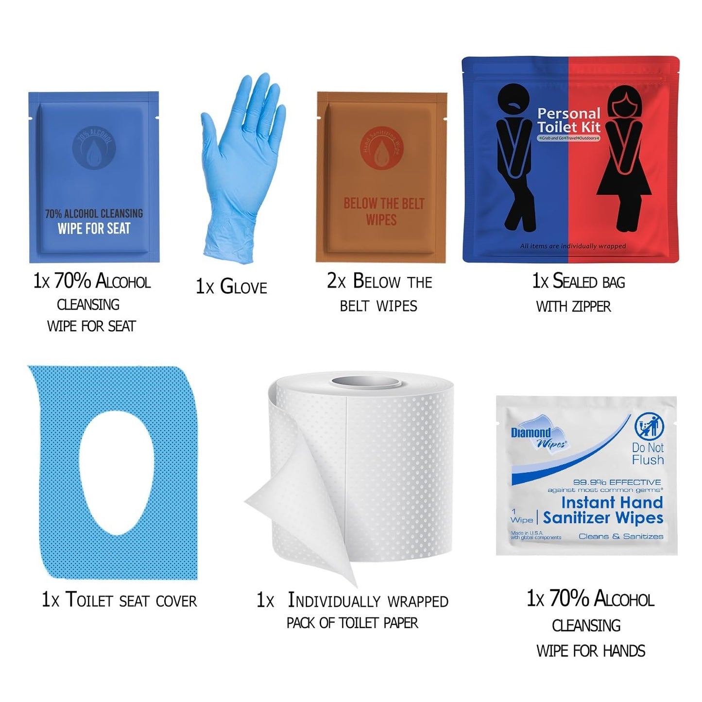 Personal Toilet Kit To Go – 10 Pack | Disposable Public Restroom Kit | Individually Wrapped for Toilet Protection Kit | Toilet Paper, Toilet Seat Cover, Butt Wipes, Cleansing Wipes (White)