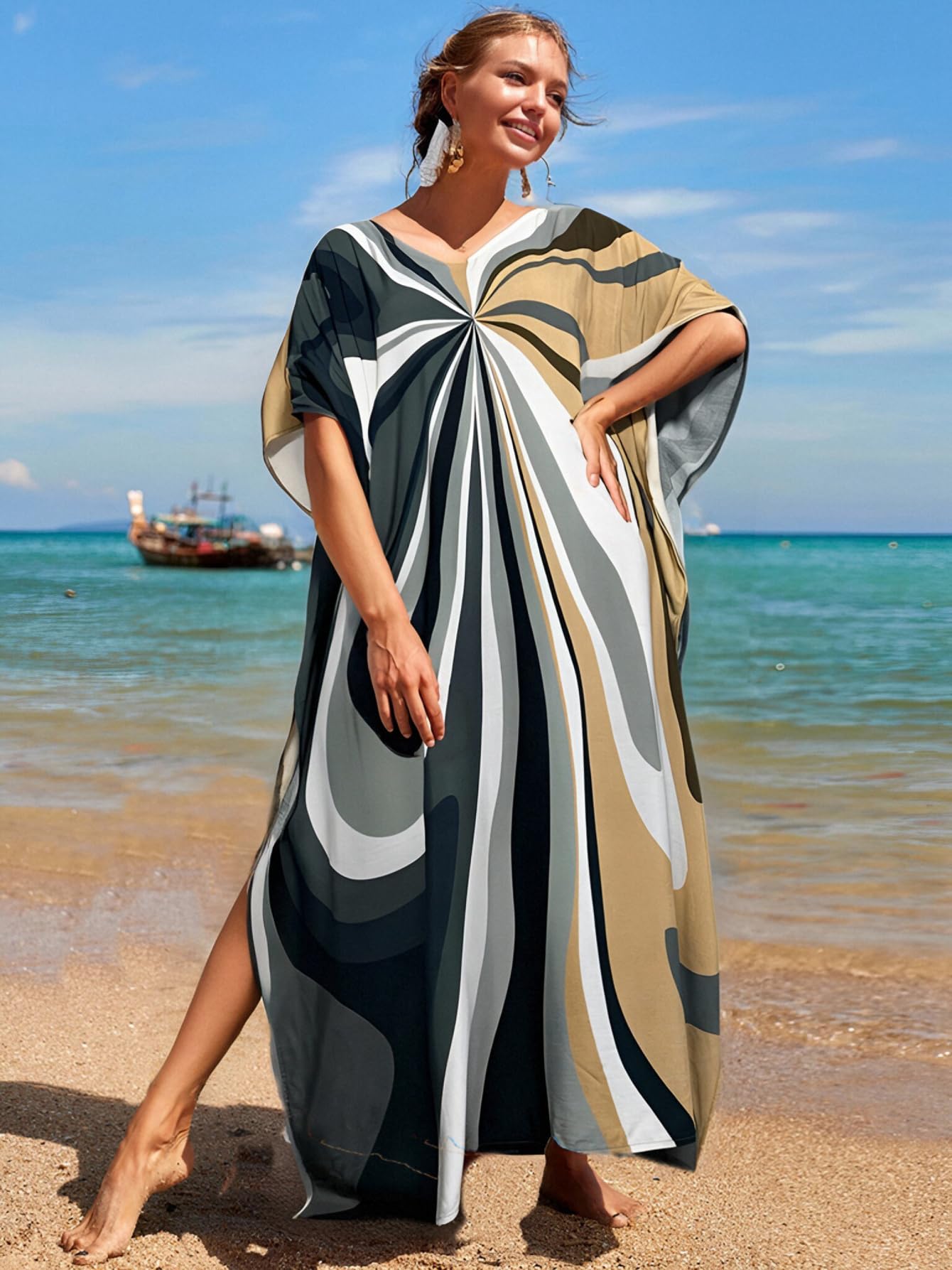 RanRui Floral Print Kaftan Dresses for Women Ethnic Boho Print Swim Cover up Batwing Sleeve Vneck Caftans