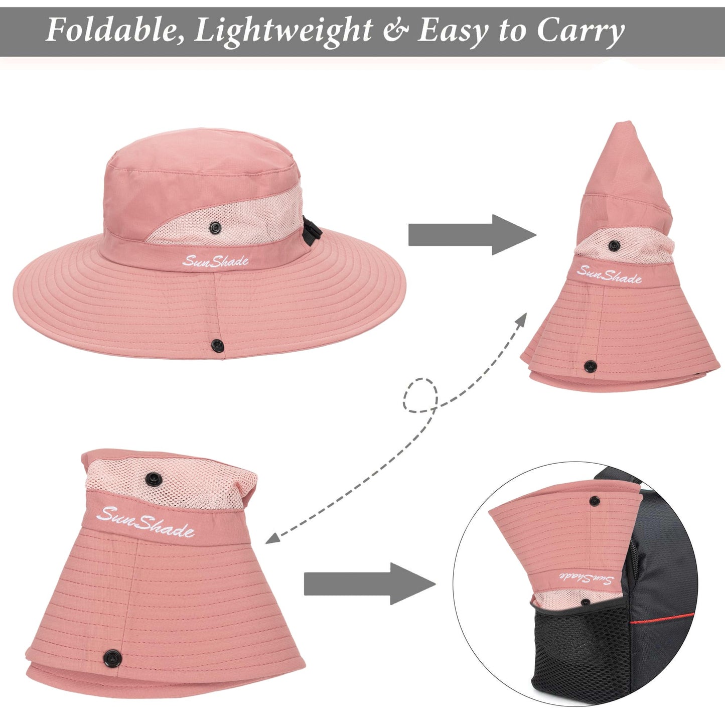 Women's Outdoor UV-Protection-Foldable Sun-Hats Mesh Wide-Brim Beach Fishing Hat with Ponytail-Hole