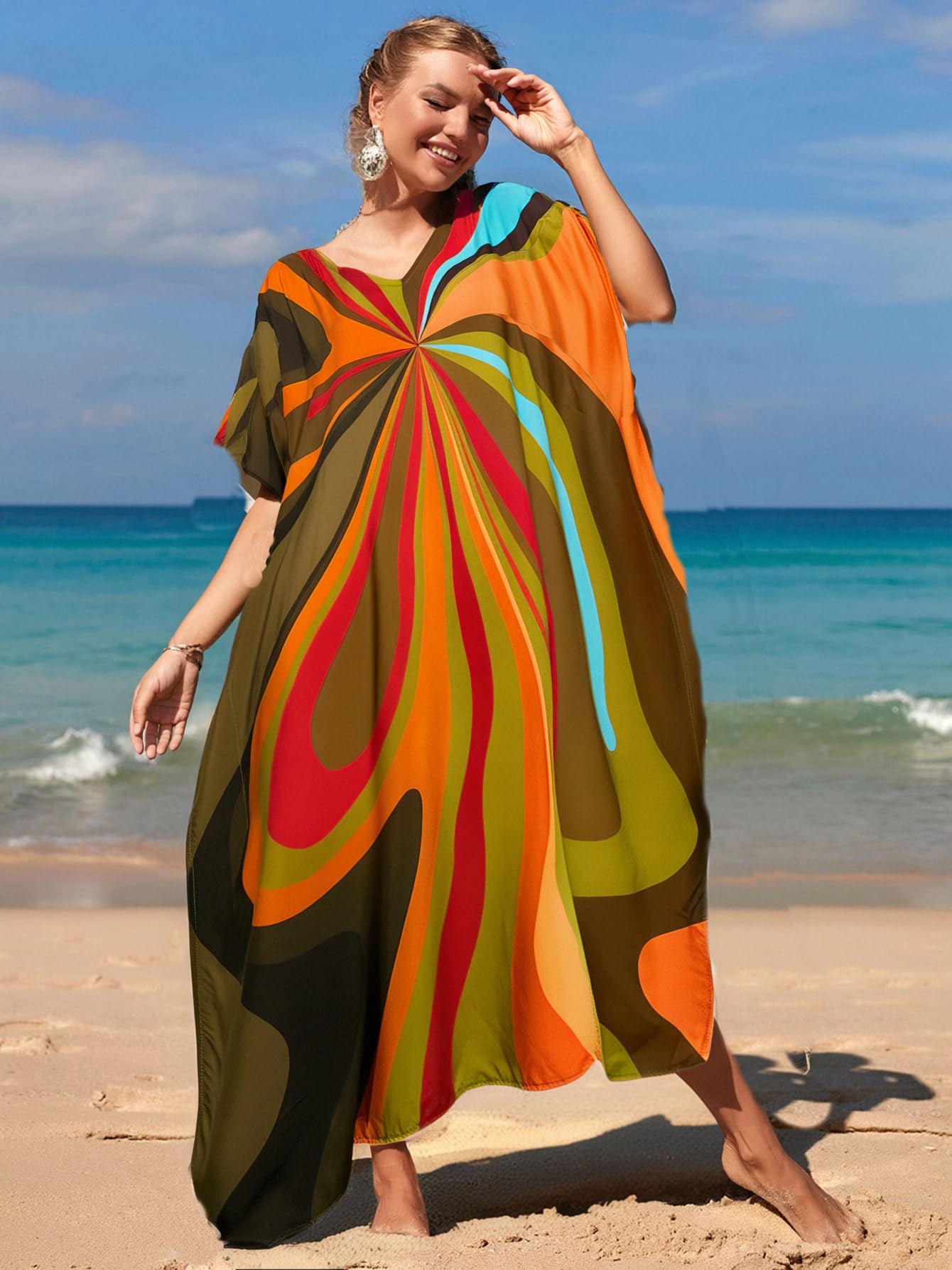 RanRui Floral Print Kaftan Dresses for Women Ethnic Boho Print Swim Cover up Batwing Sleeve Vneck Caftans