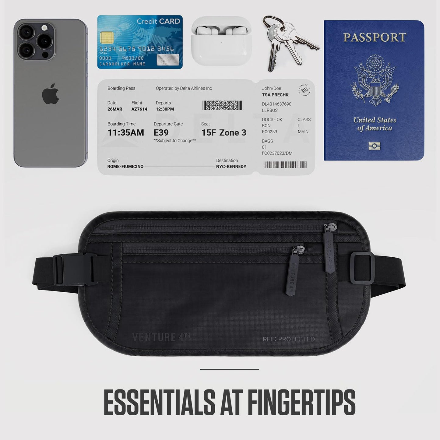 VENTURE 4TH Travel Money Belt - RFID Blocking (Gray)
