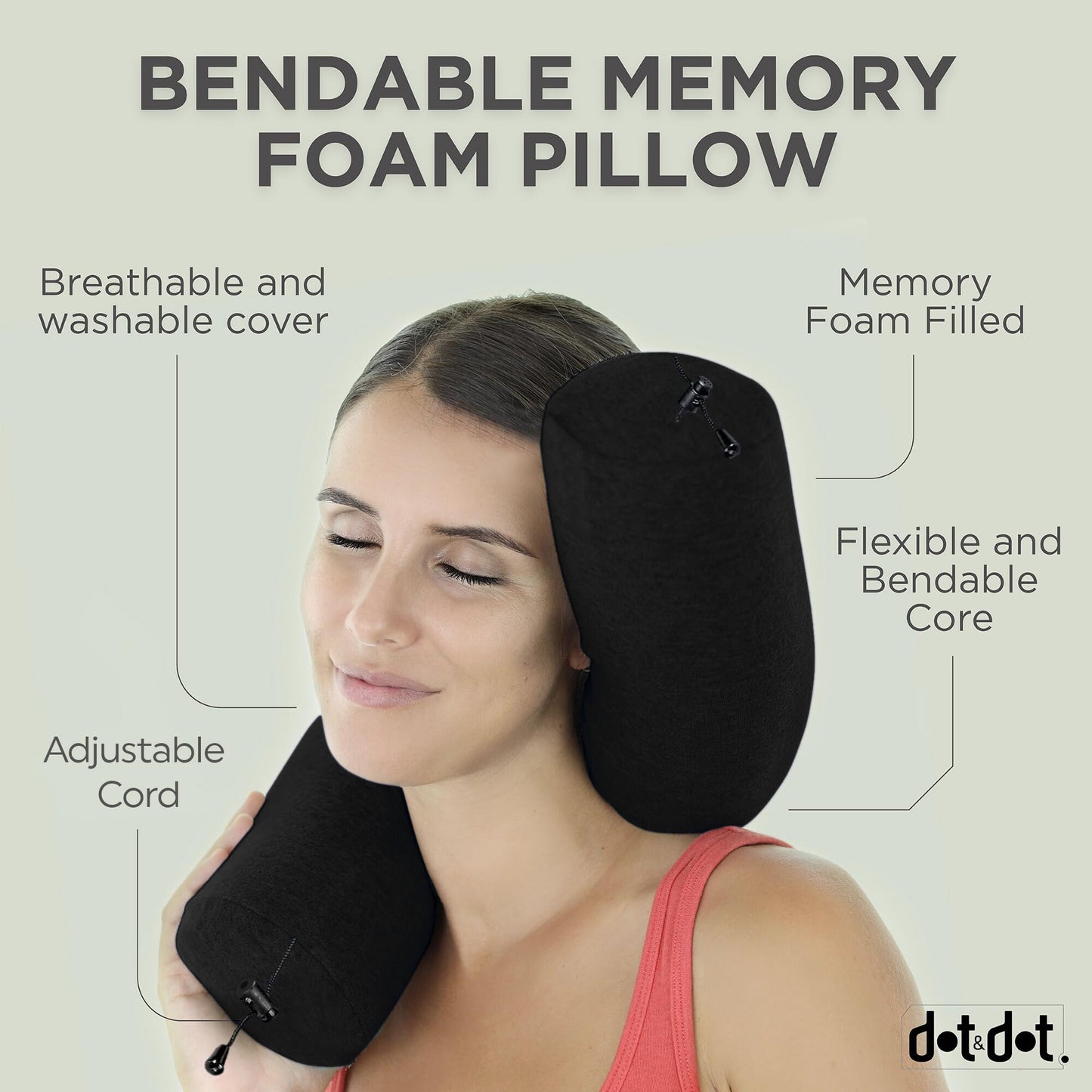 Dot&Dot Twist Memory Foam Travel Pillow for Airplanes - Travel Neck Pillow for Sleeping - Airplane Pillow for Neck Support, Chin, Lumbar and Leg - Adjustable, Bendable Neck Roll Pillow
