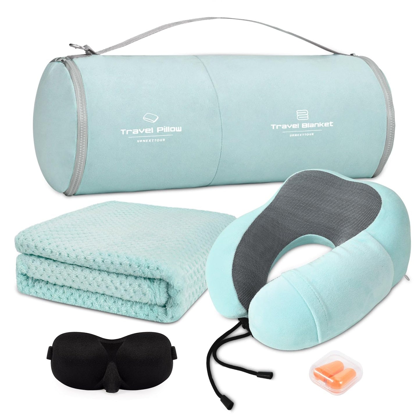 Travel Pillow and Blanket Set Neck Pillows Travel Essentials with Sleep Mask for Airplane Car Memory Foam Pink