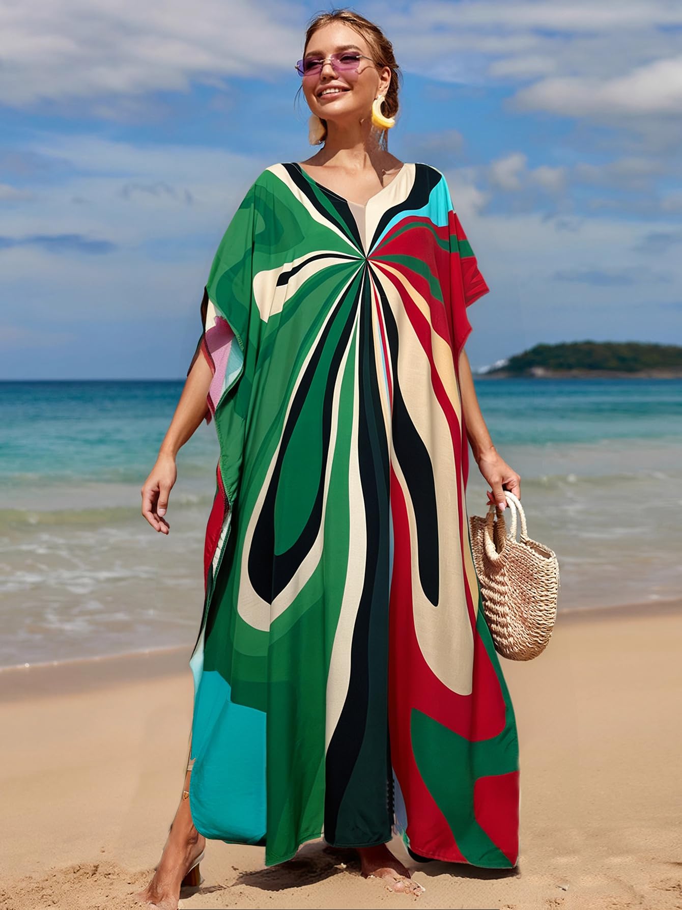 RanRui Floral Print Kaftan Dresses for Women Ethnic Boho Print Swim Cover up Batwing Sleeve Vneck Caftans