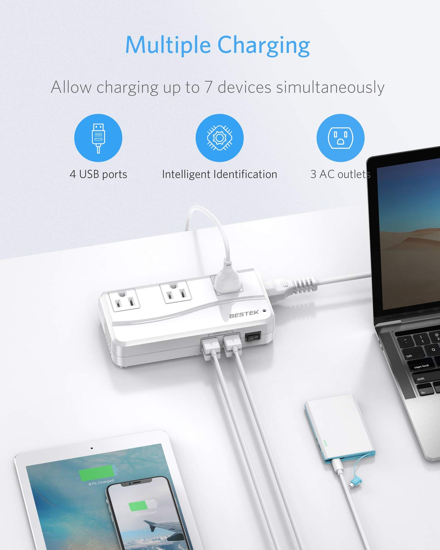 BESTEK Universal Travel Adapter 220V to 110V Voltage Converter with 6A 4-Port USB Charging and UK/AU/US/EU Worldwide Plug Adapter (White)
