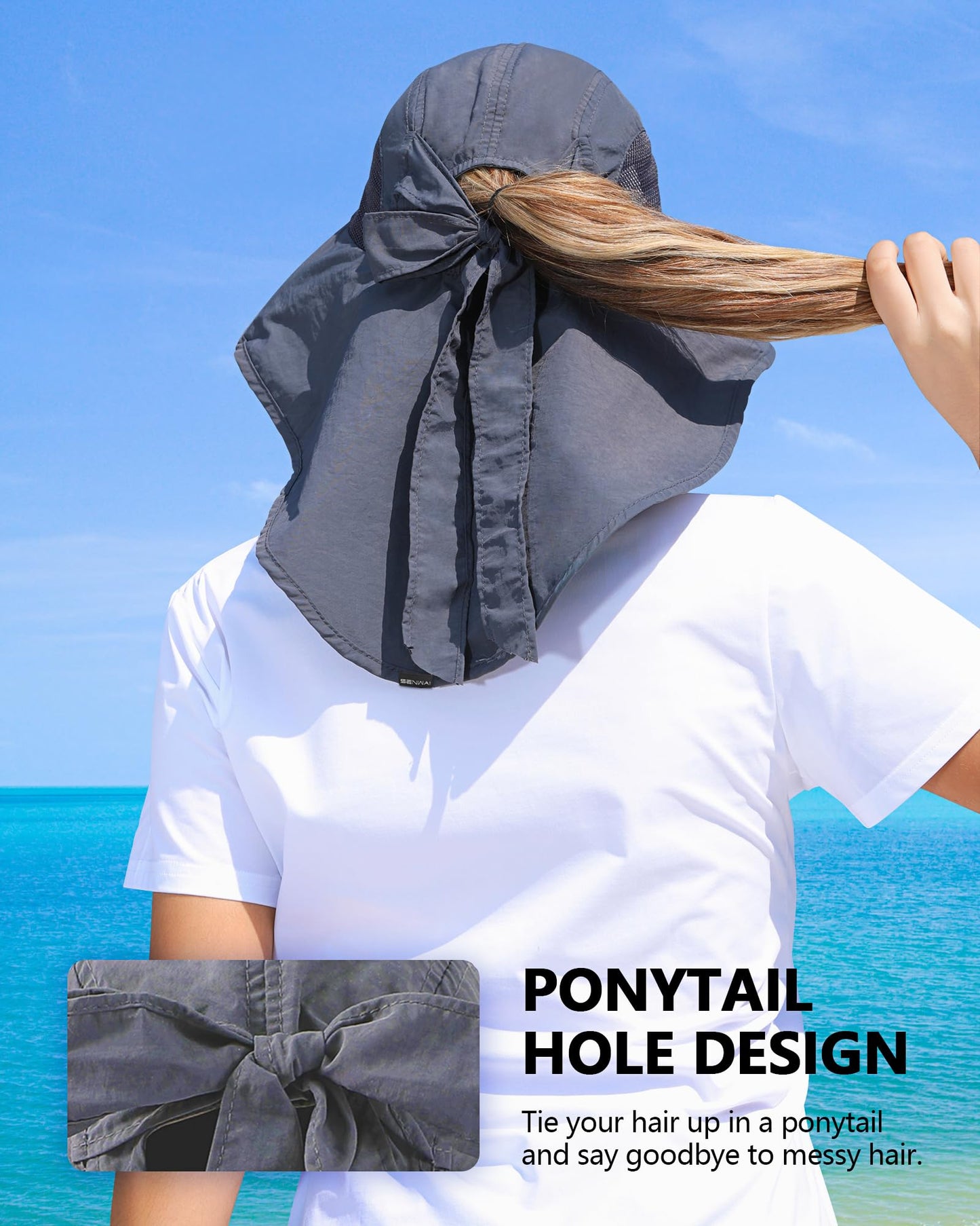 Womens Sun Hat Outdoor UV Protection Wide Brim Fishing Hat with Ponytail Hole Neck Flap for Beach Hiking Camping