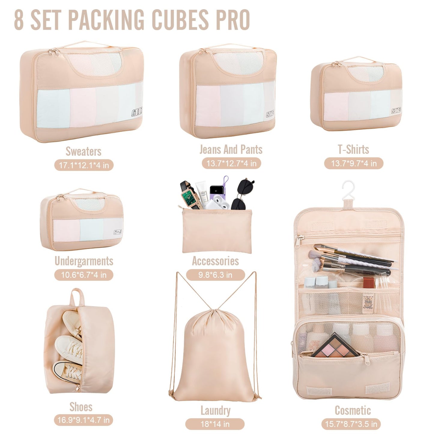 Veken 8 Set Packing Cubes for Travel Essentials, Suitcase Organizer Bags Set for Luggage, Road Trip Travel Accessories in 4 Sizes (Extra Large, Large, Medium, Small)