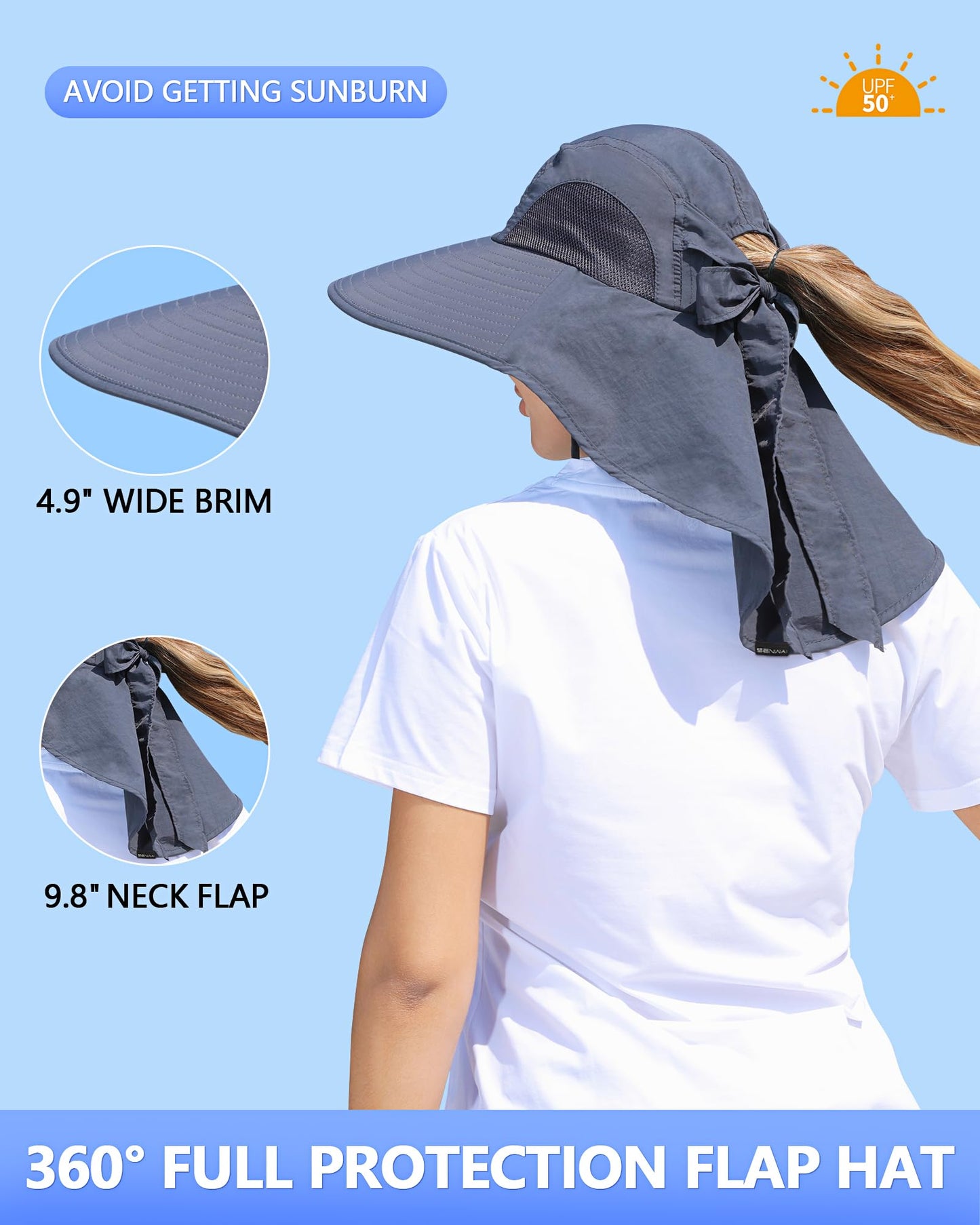 Womens Sun Hat Outdoor UV Protection Wide Brim Fishing Hat with Ponytail Hole Neck Flap for Beach Hiking Camping