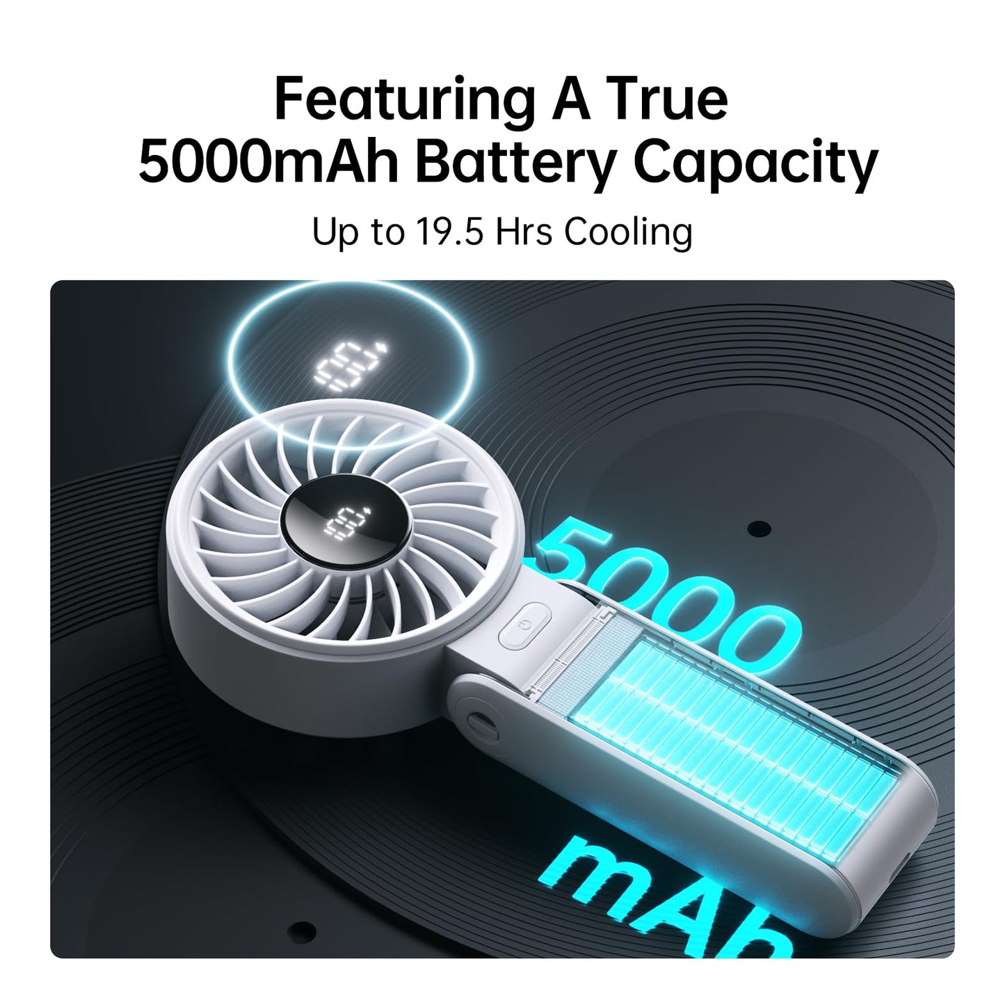 JISULIFE Handheld Fan Life7 – Ultimate Flexibility: High-Power Motor, LED Display, 19.5 Hrs Cooling, 5000mAh Rechargeable, 5-Speed, Foldable Design, 3-IN-1 Portable Fan for Travel Cruise Beach(Black)