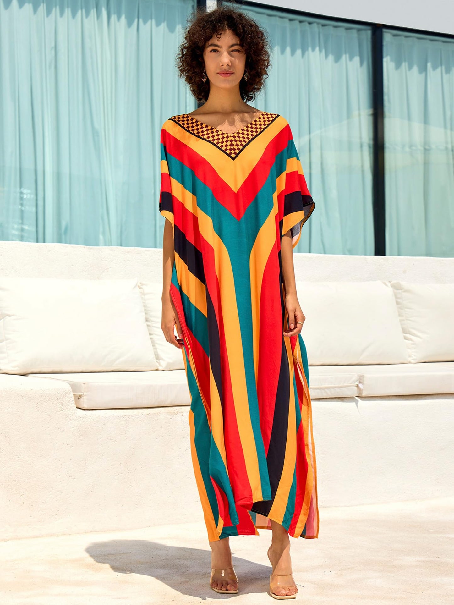 Chunoy Women V Neck Kaftan Casual Bathing Suit Kimono Sleeve Side Split Beach Cover Up Caftan Dress