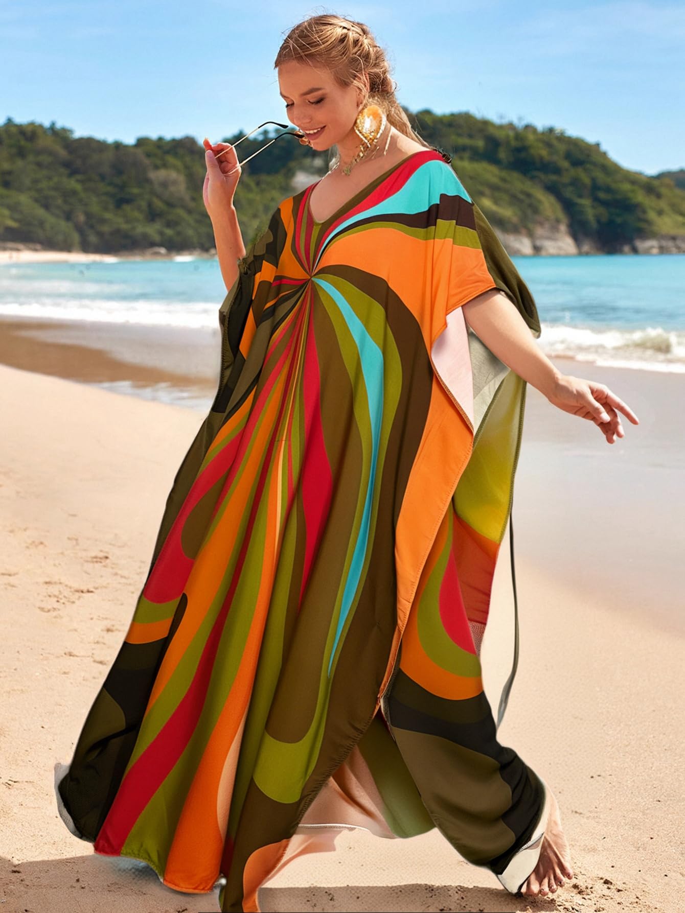 RanRui Floral Print Kaftan Dresses for Women Ethnic Boho Print Swim Cover up Batwing Sleeve Vneck Caftans