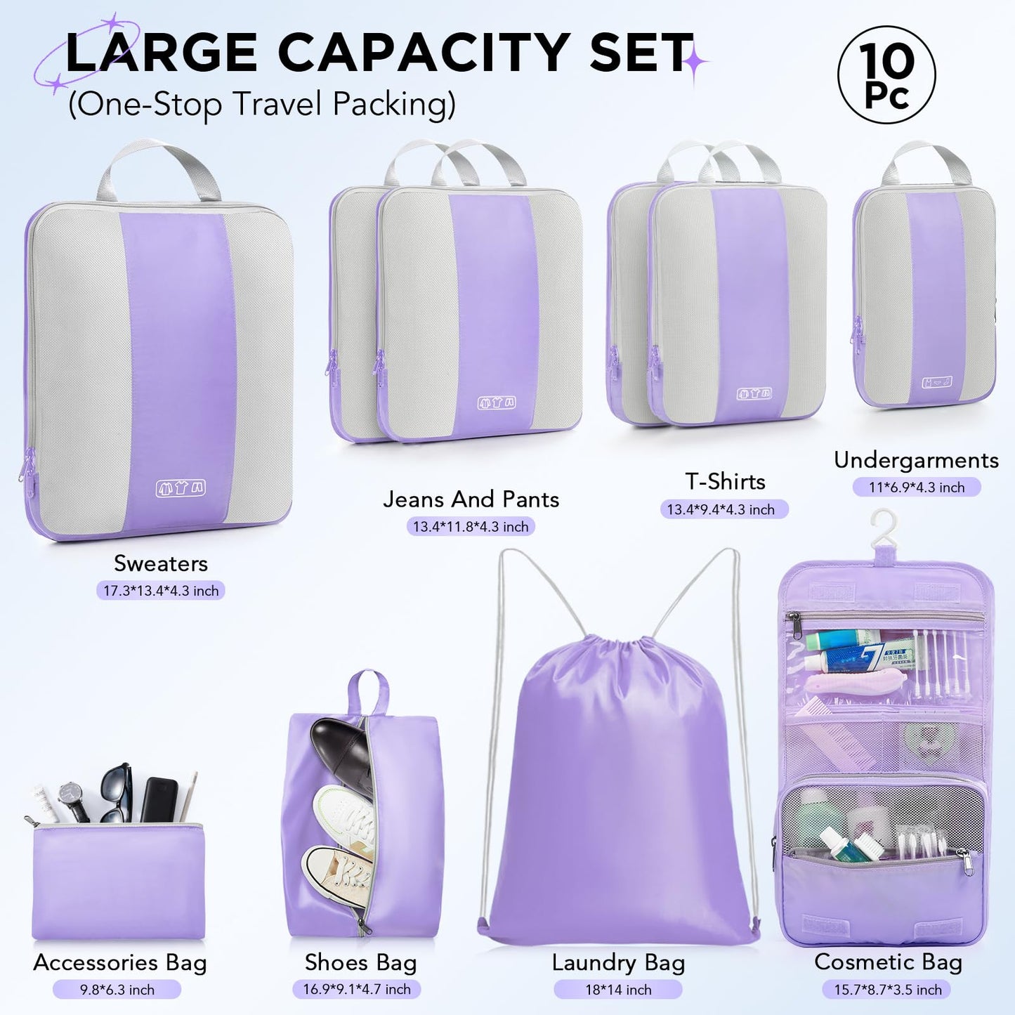 10 Set Compression Packing Cubes for Travel Essentials,Compressible Expandable Packing Cubes for Suitcase,OlarHike Luggage Organizer Bags for Travel,Handy Helper for Organizing Clothes(Black)