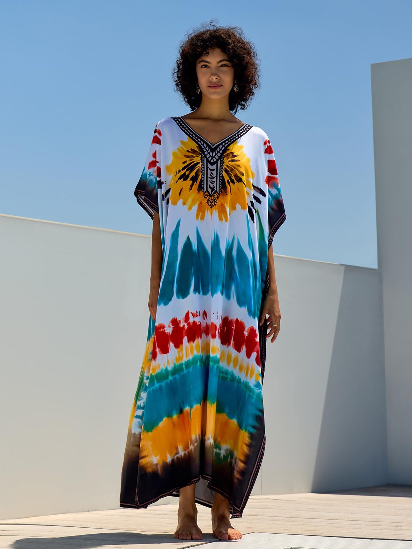 Chunoy Women V Neck Kaftan Casual Bathing Suit Kimono Sleeve Side Split Beach Cover Up Caftan Dress