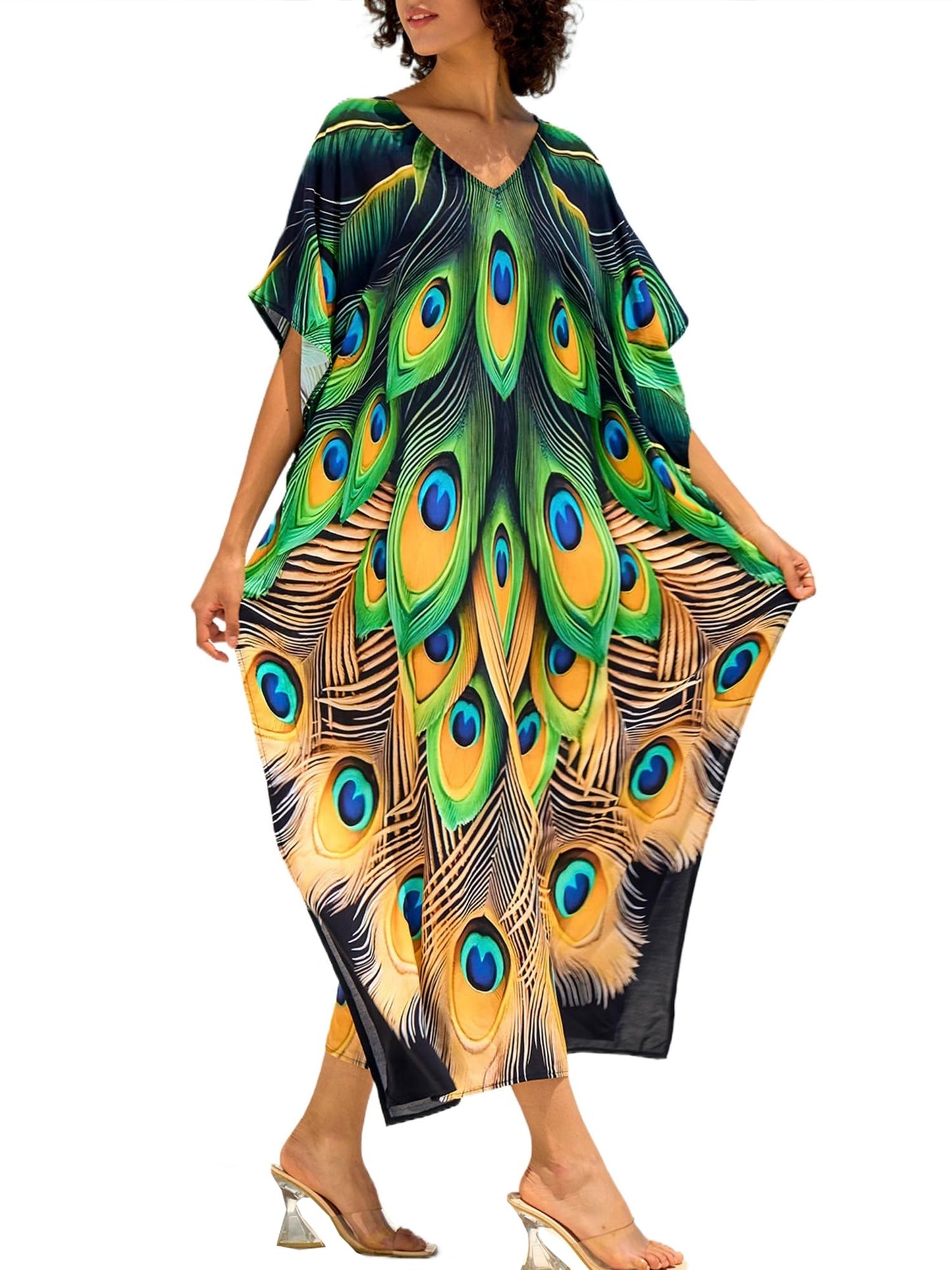 Chunoy Women V Neck Kaftan Casual Bathing Suit Kimono Sleeve Side Split Beach Cover Up Caftan Dress