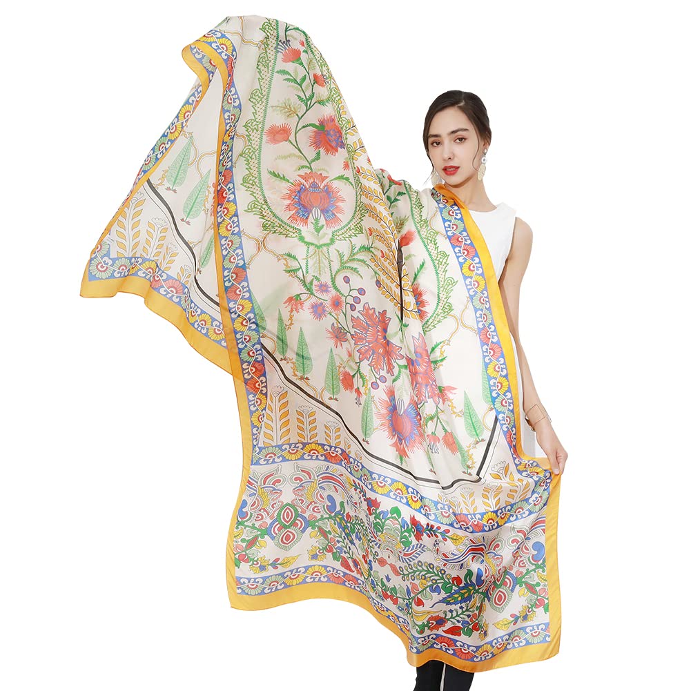DANA XU 100% Mulberry Satin Silk Summer Travel Scarf Extra Large Women Floral Shawl Oversize Soft Wraps For Evening Dresses