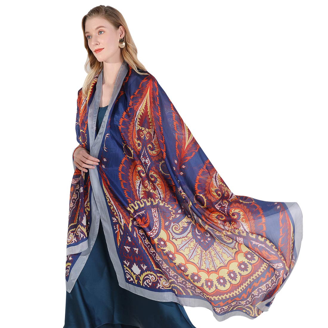 DANA XU 100% Mulberry Satin Silk Summer Travel Scarf Extra Large Women Floral Shawl Oversize Soft Wraps For Evening Dresses