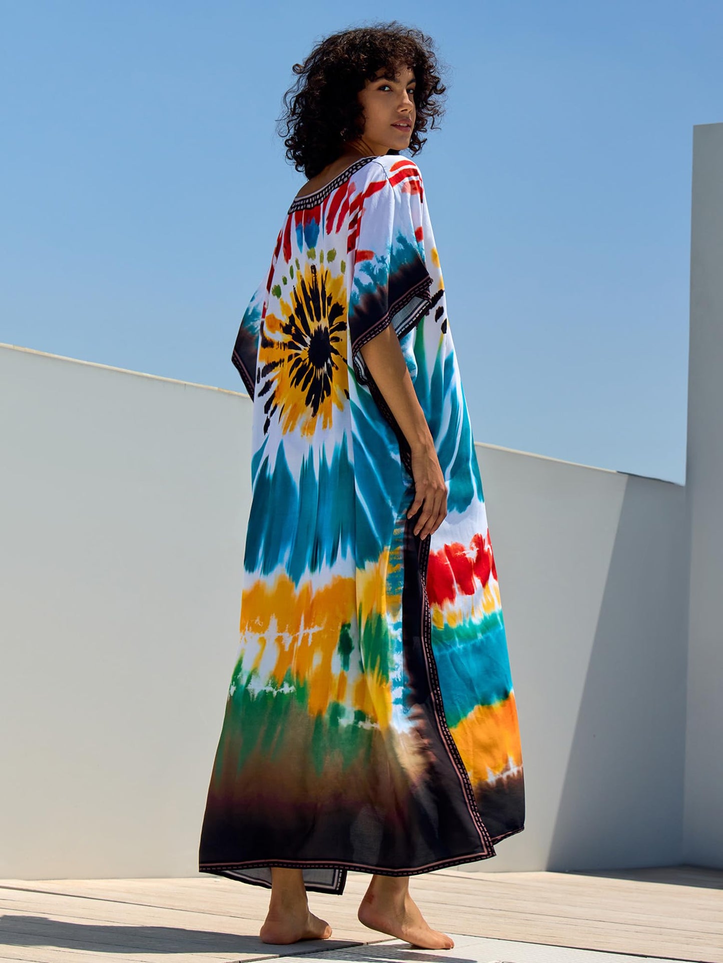 Chunoy Women V Neck Kaftan Casual Bathing Suit Kimono Sleeve Side Split Beach Cover Up Caftan Dress