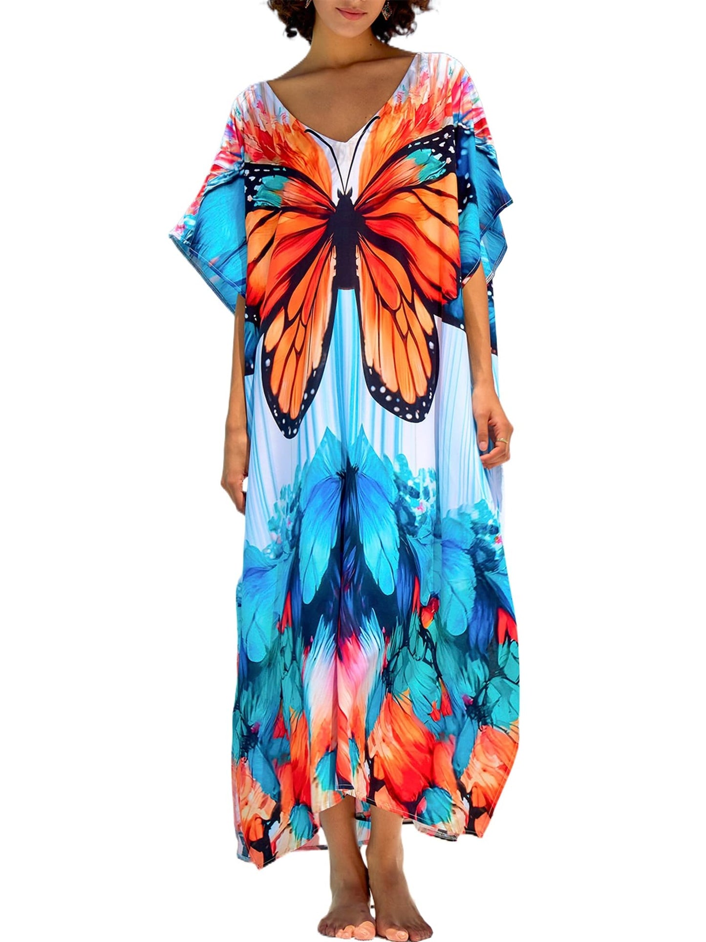 Chunoy Women V Neck Kaftan Casual Bathing Suit Kimono Sleeve Side Split Beach Cover Up Caftan Dress
