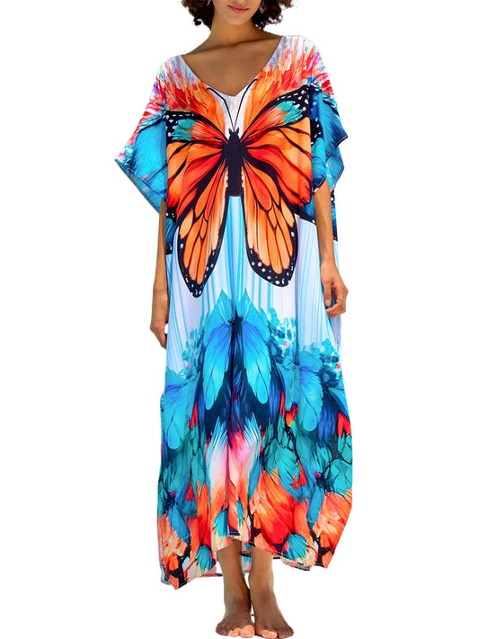 Chunoy Women V Neck Kaftan Casual Bathing Suit Kimono Sleeve Side Split Beach Cover Up Caftan Dress