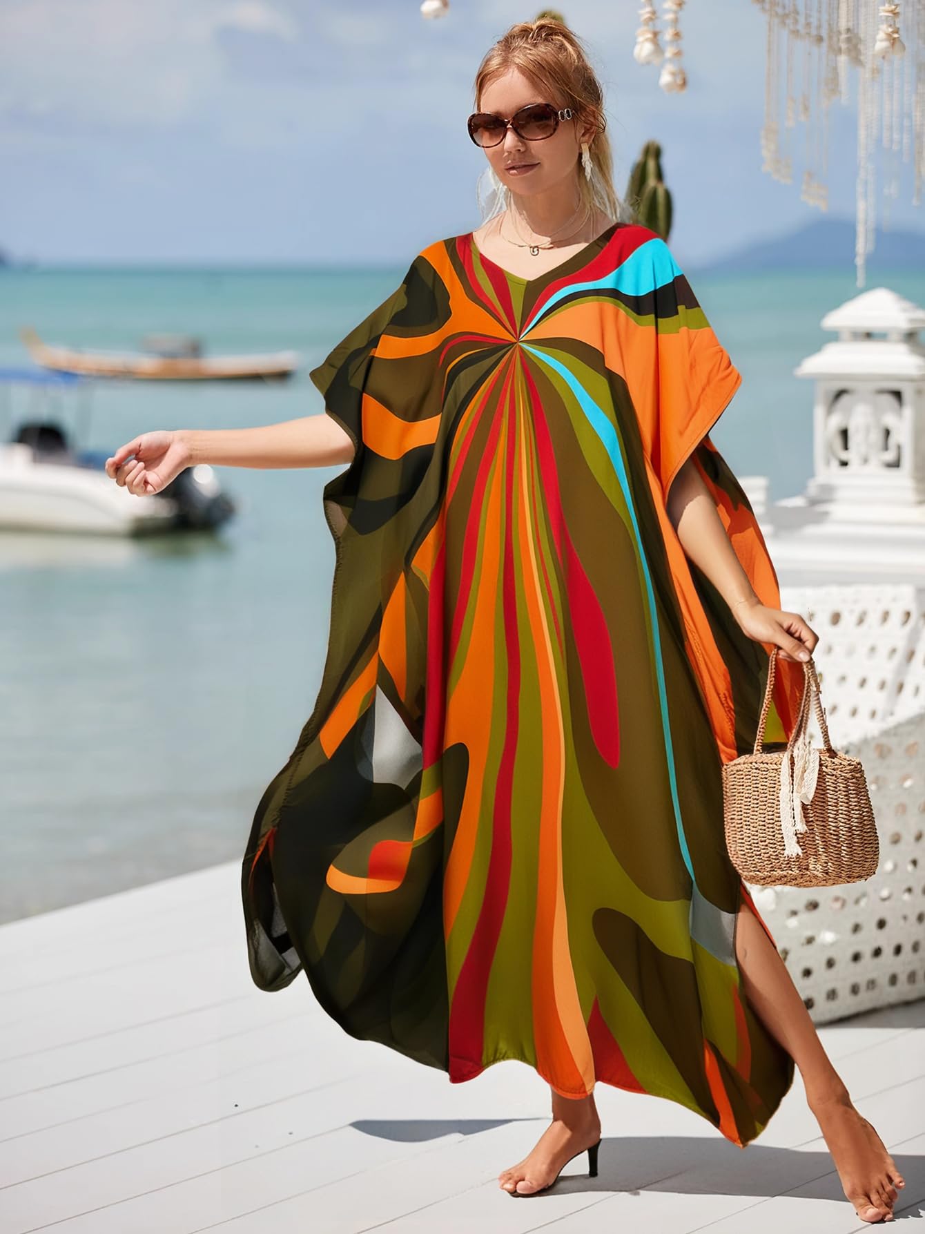 RanRui Floral Print Kaftan Dresses for Women Ethnic Boho Print Swim Cover up Batwing Sleeve Vneck Caftans
