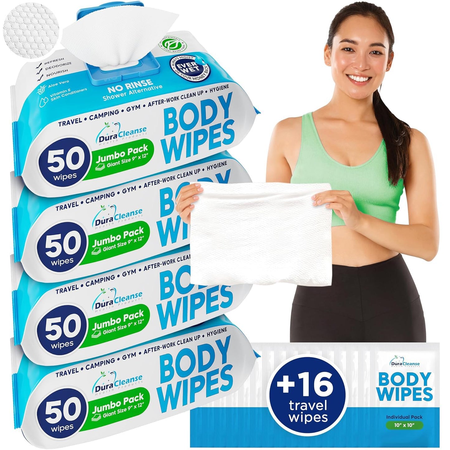 Body Wipes for Adults Bathing No Rinse - 20 Count Travel Shower Wipes - 9" x 12" Individually Wrapped Thick Cleansing Waterless Wash Scrubs - Disposable Washcloths for Camping & Elderly Incontinence