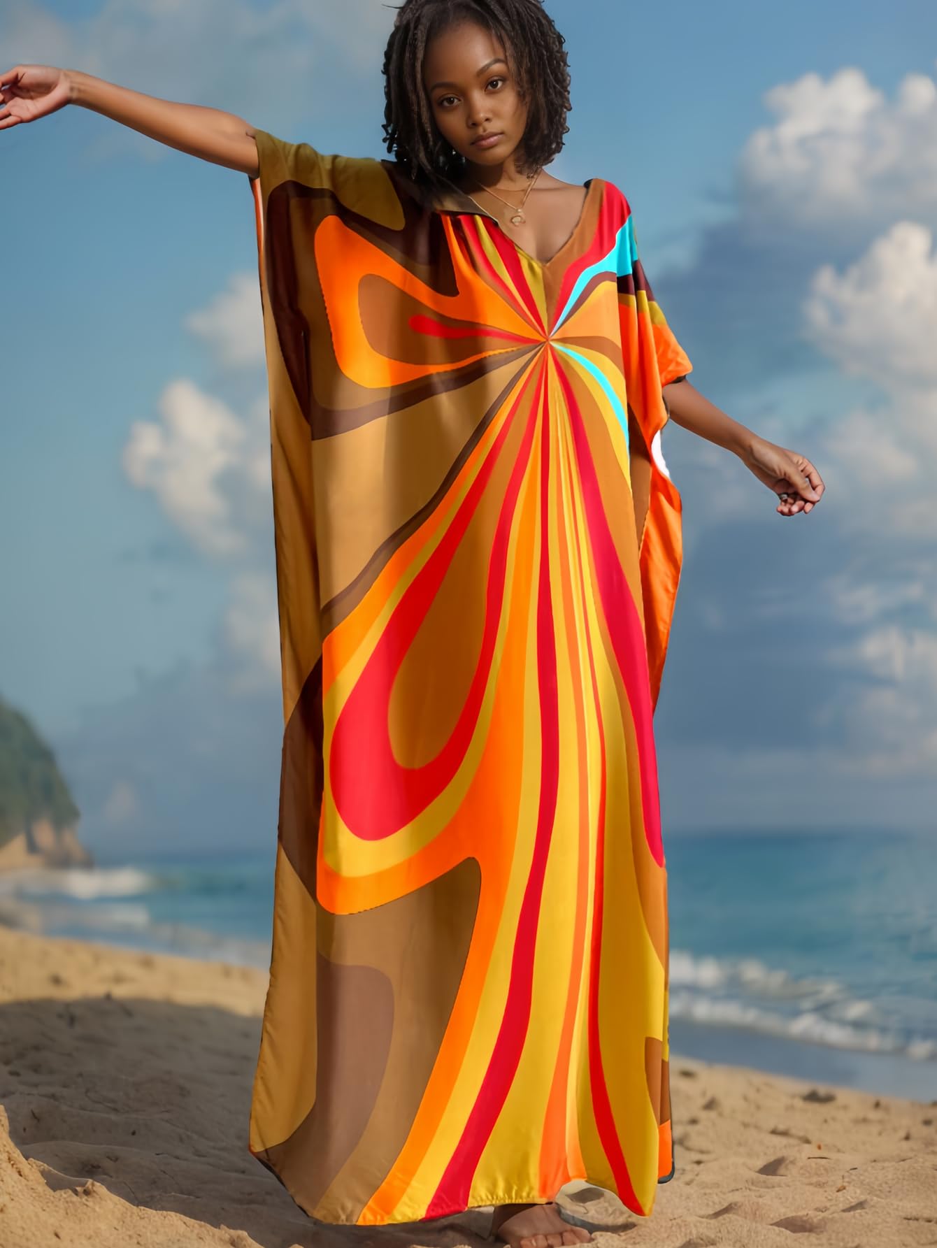 RanRui Floral Print Kaftan Dresses for Women Ethnic Boho Print Swim Cover up Batwing Sleeve Vneck Caftans