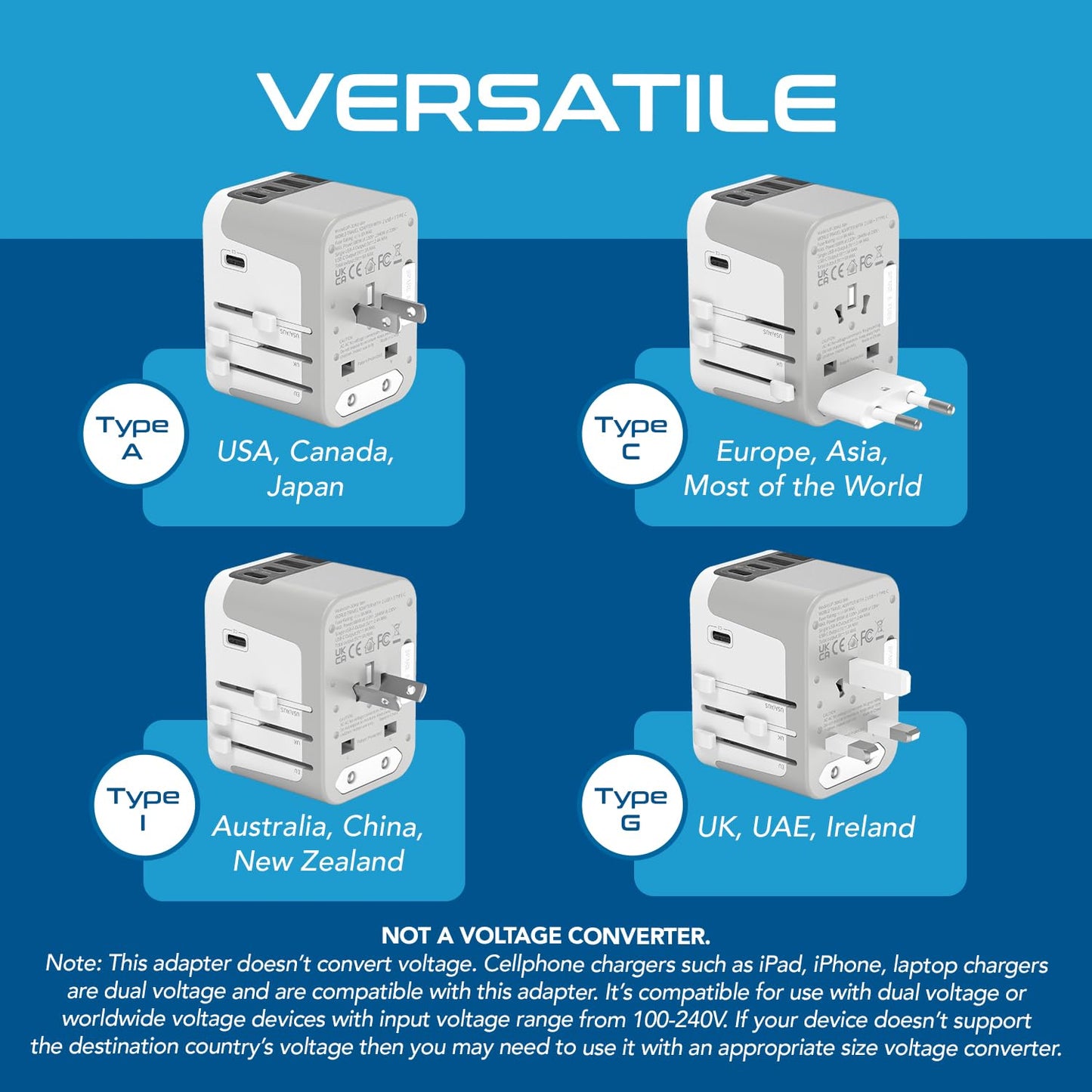 Ceptics Universal Travel Adapter Kit - 2 USB, USB-C Cord+2 US Outlets QC 3.0, Surge Protection, Plugs for Europe, UK, China, Australia, Japan - Perfect for Laptop, Cell Phones, Cameras,Safe ETL Tested