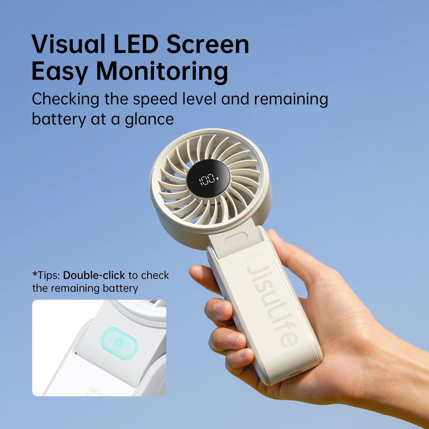 JISULIFE Handheld Fan Life7 – Ultimate Flexibility: High-Power Motor, LED Display, 19.5 Hrs Cooling, 5000mAh Rechargeable, 5-Speed, Foldable Design, 3-IN-1 Portable Fan for Travel Cruise Beach(Black)