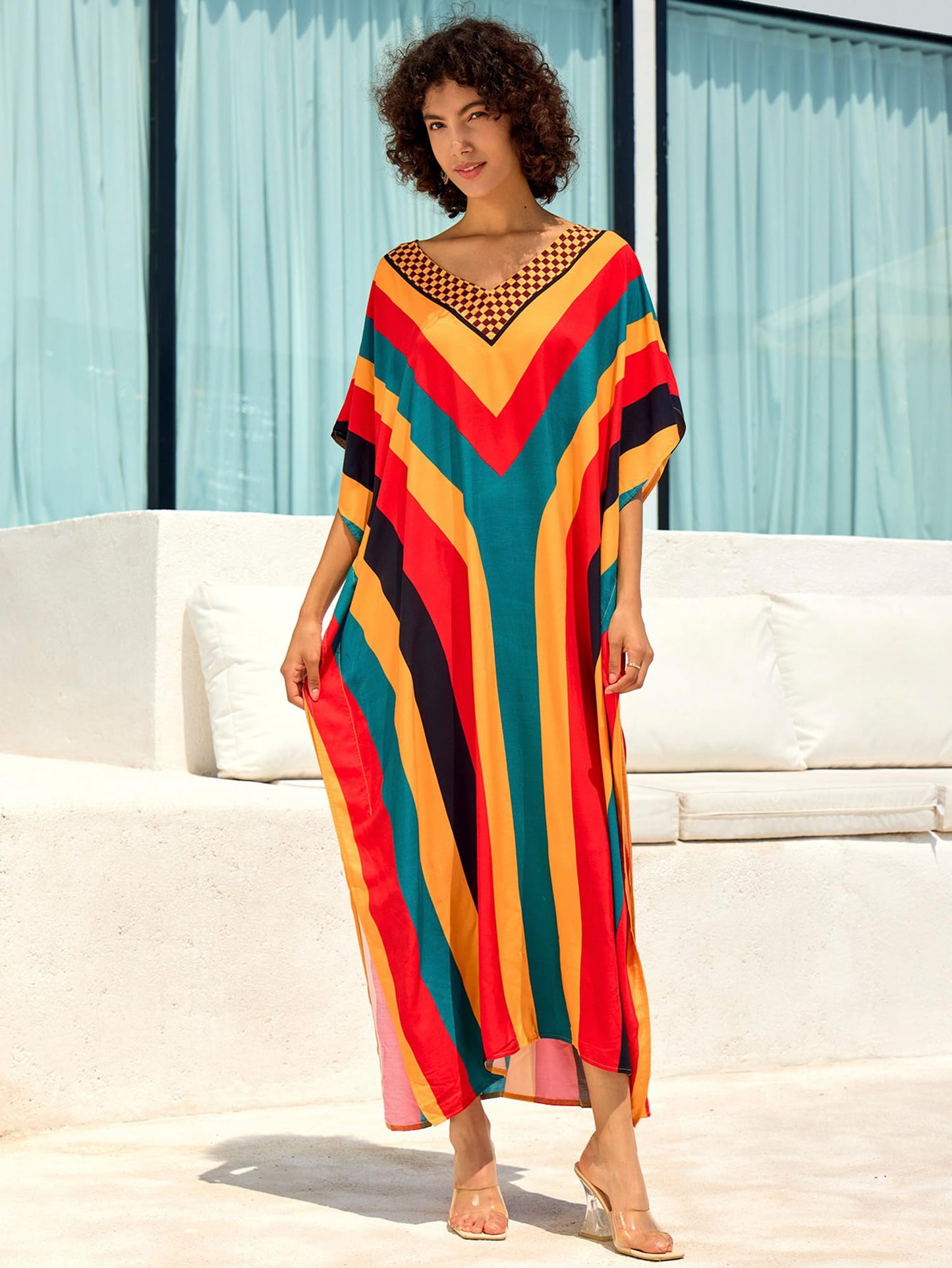 Chunoy Women V Neck Kaftan Casual Bathing Suit Kimono Sleeve Side Split Beach Cover Up Caftan Dress