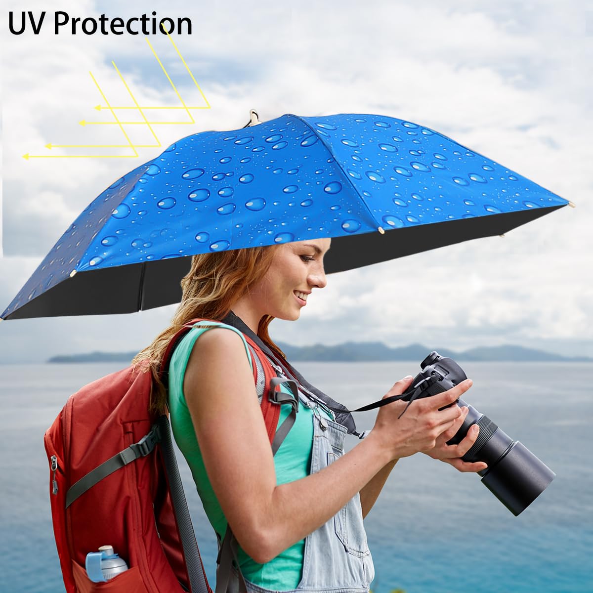 Umbrella Hat, 37 inch Fishing Umbrella Hat Hands Free Foldable UV Protection Umbrella Cap Adjustable Headwear for Fishing Golf Camping Beach Gardening Sunshade Outdoor