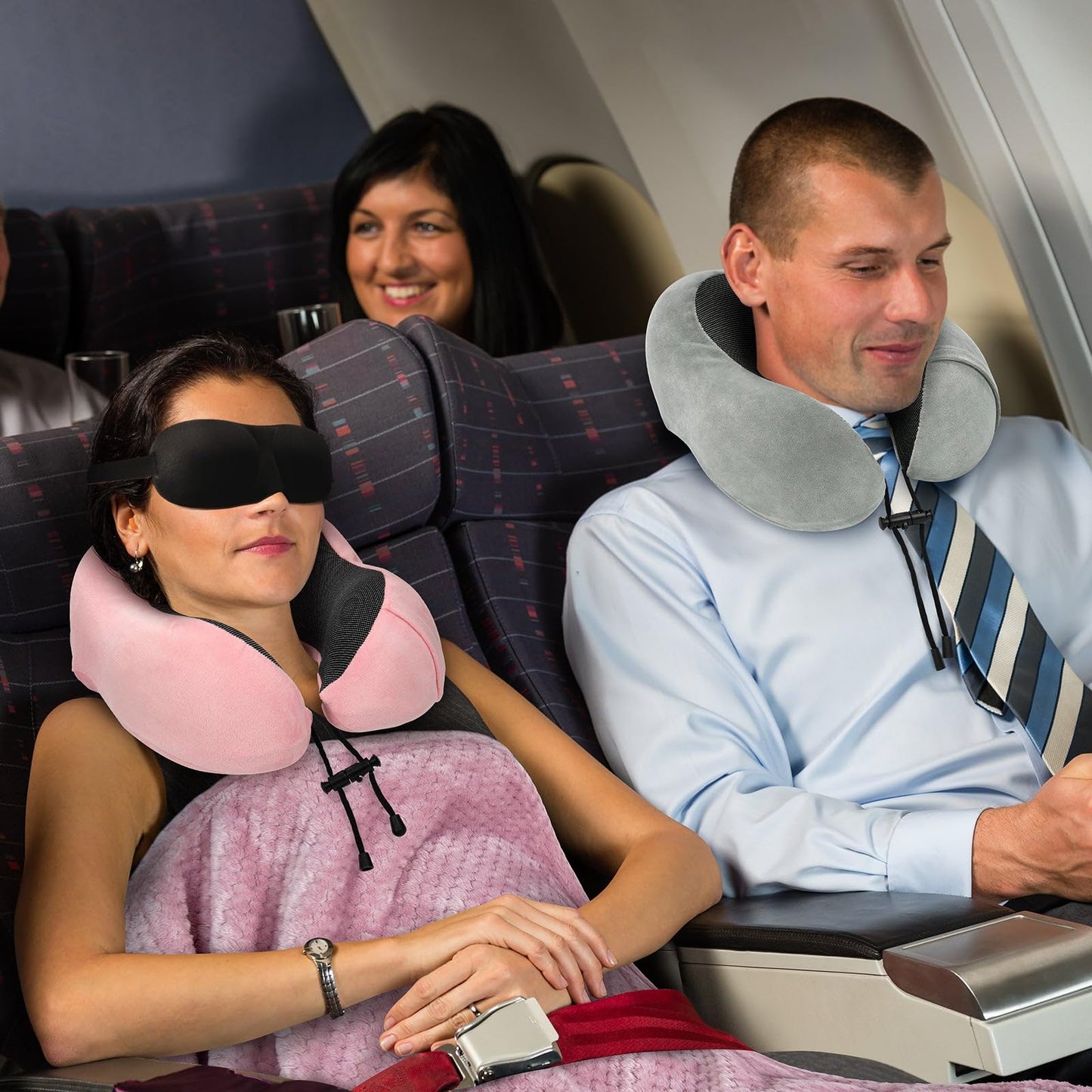 Travel Pillow and Blanket Set Neck Pillows Travel Essentials with Sleep Mask for Airplane Car Memory Foam Pink